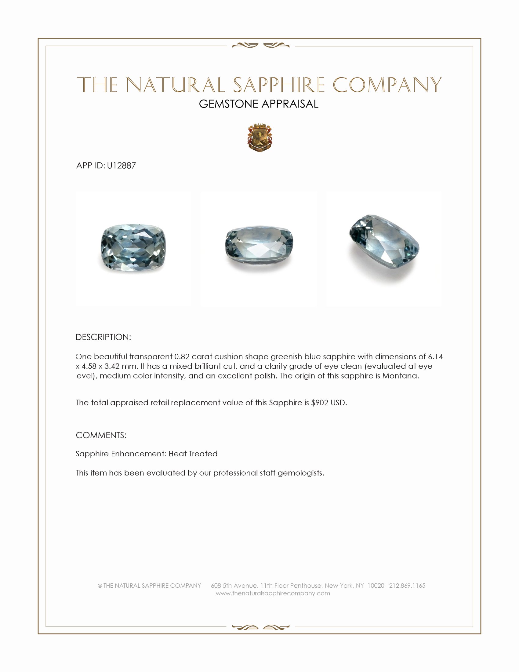 0.82 Ct. Greenish Blue Sapphire from Montana