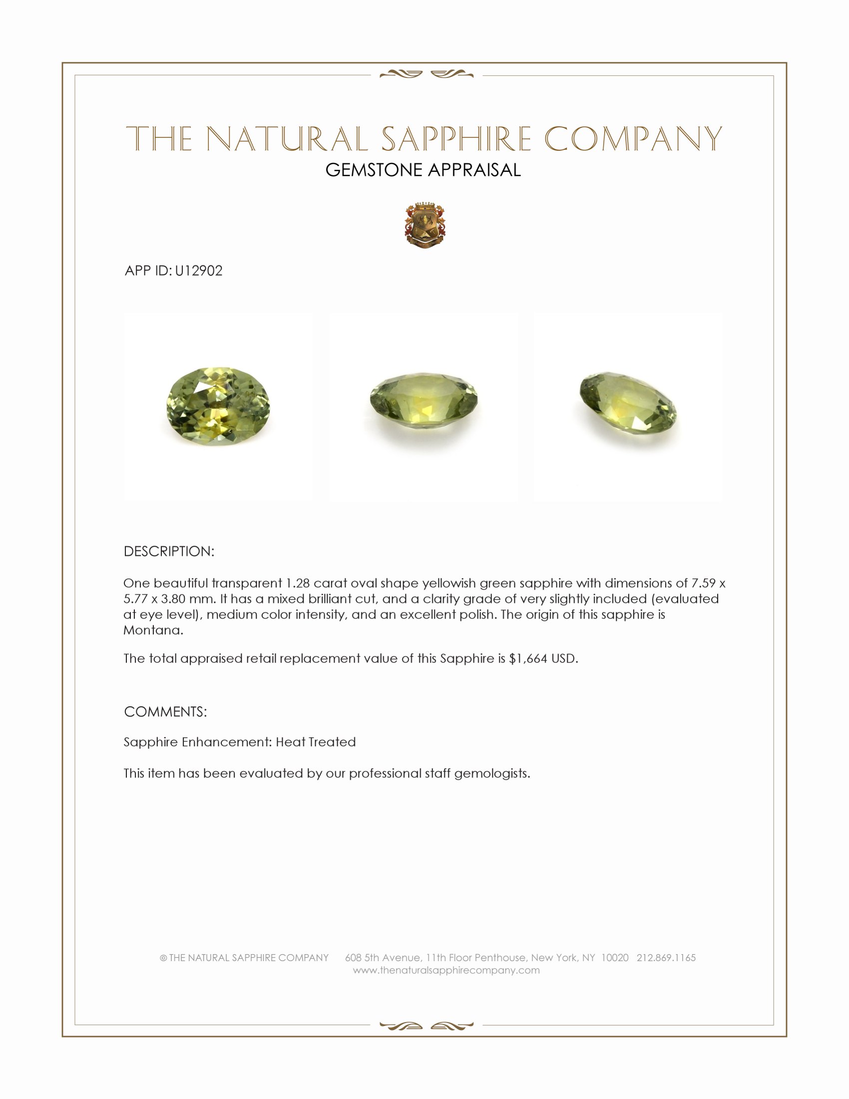 1.28 Ct. Yellowish Green Sapphire from Montana