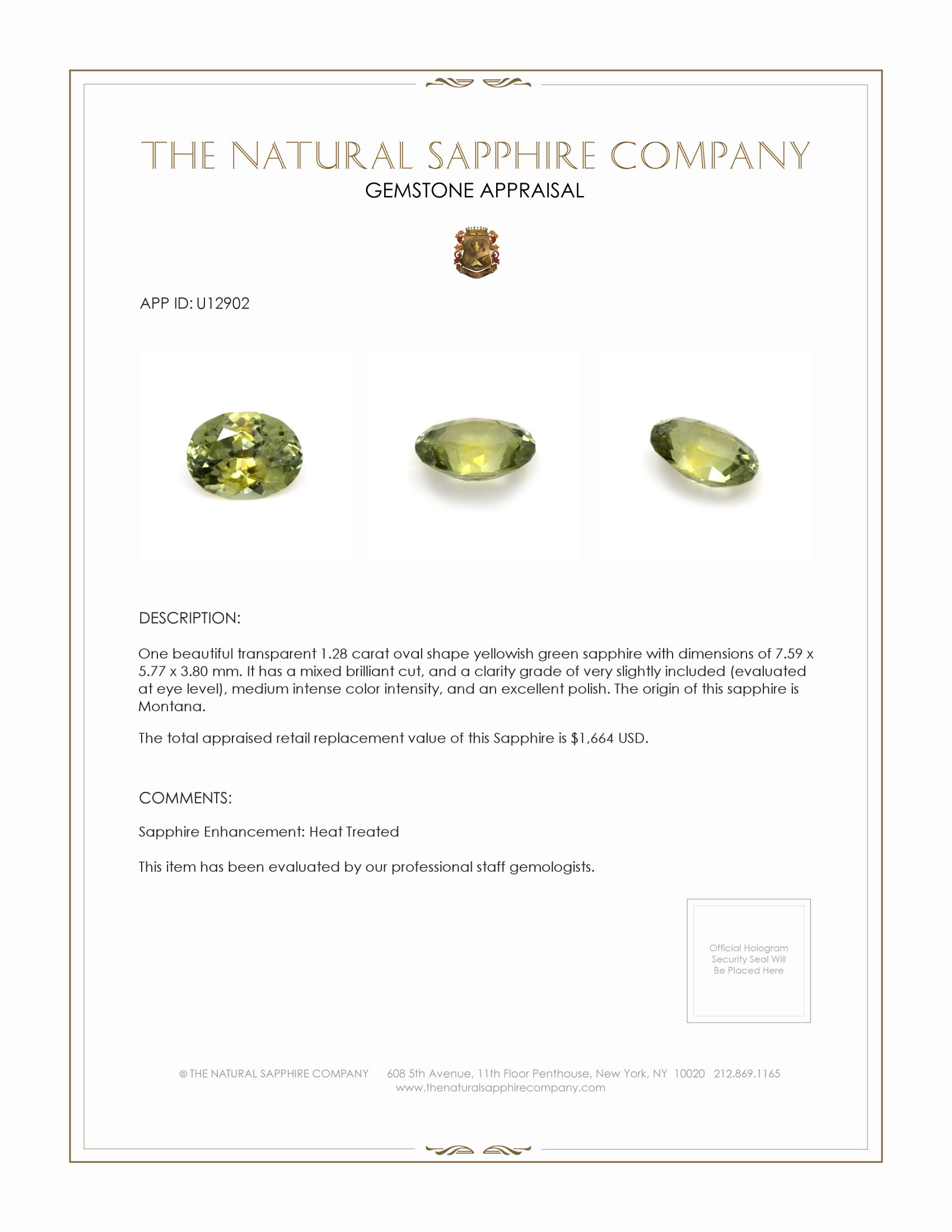 1.28 Ct. Yellowish Green Sapphire from Montana