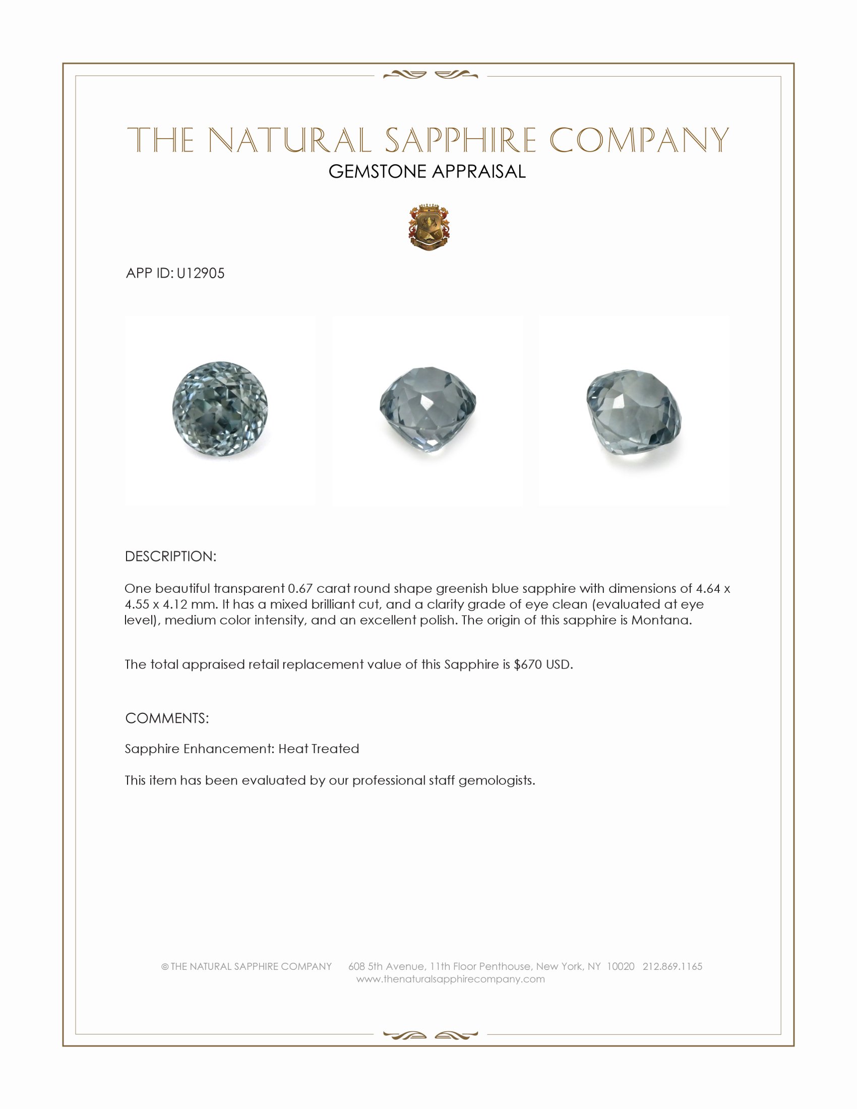 0.67 Ct. Greenish Blue Sapphire from Montana