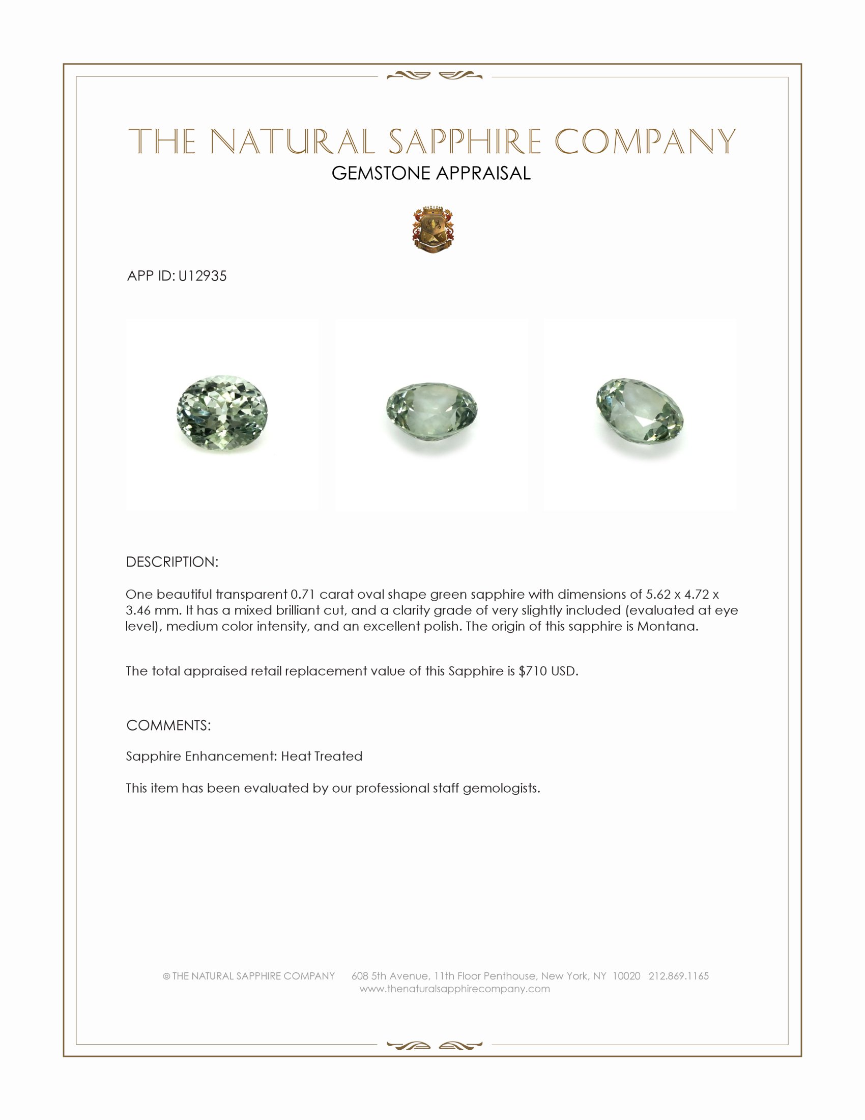 0.71 Ct. Green Sapphire from Montana