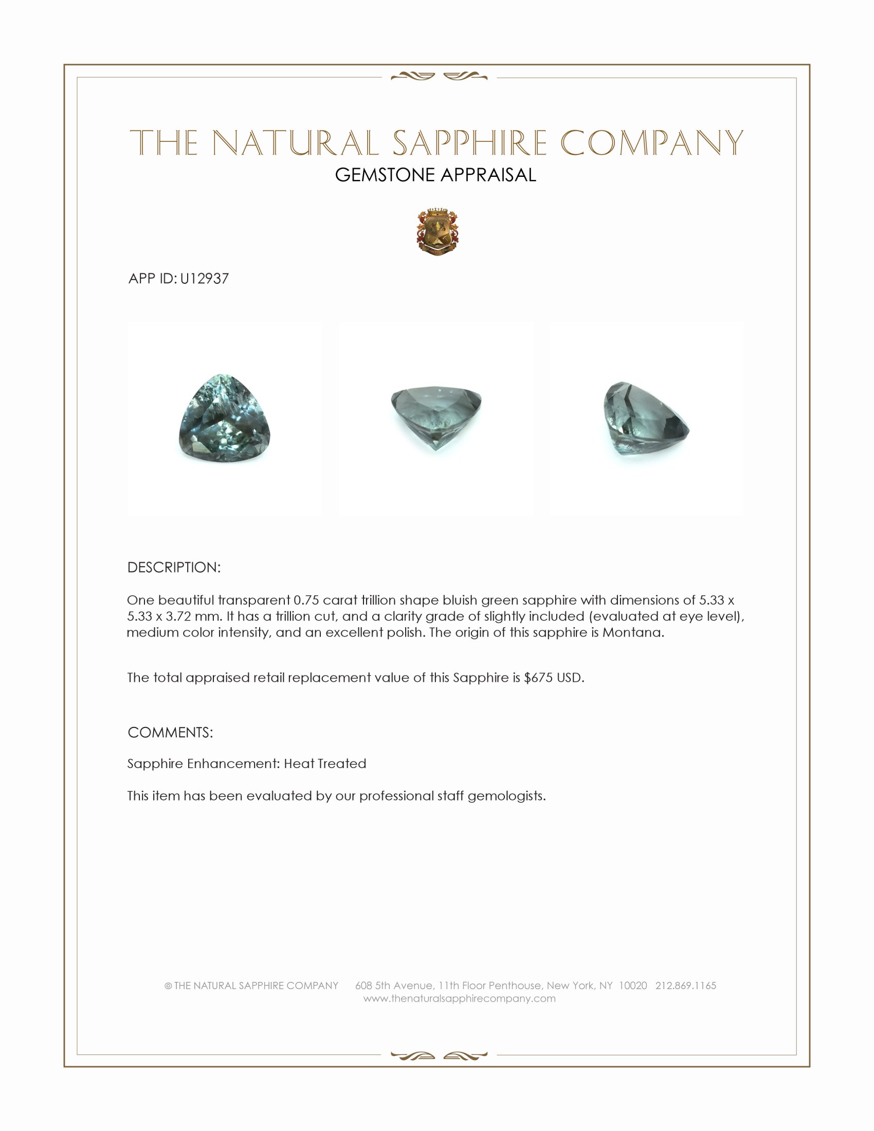 0.75 Ct. Bluish Green Sapphire from Montana