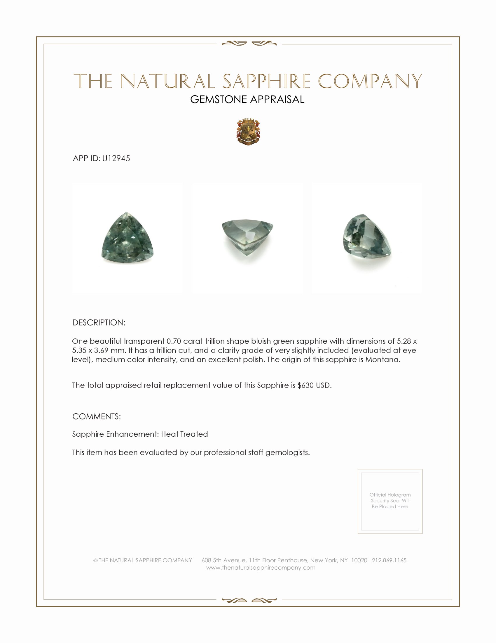 0.70 Ct. Bluish Green Sapphire from Montana