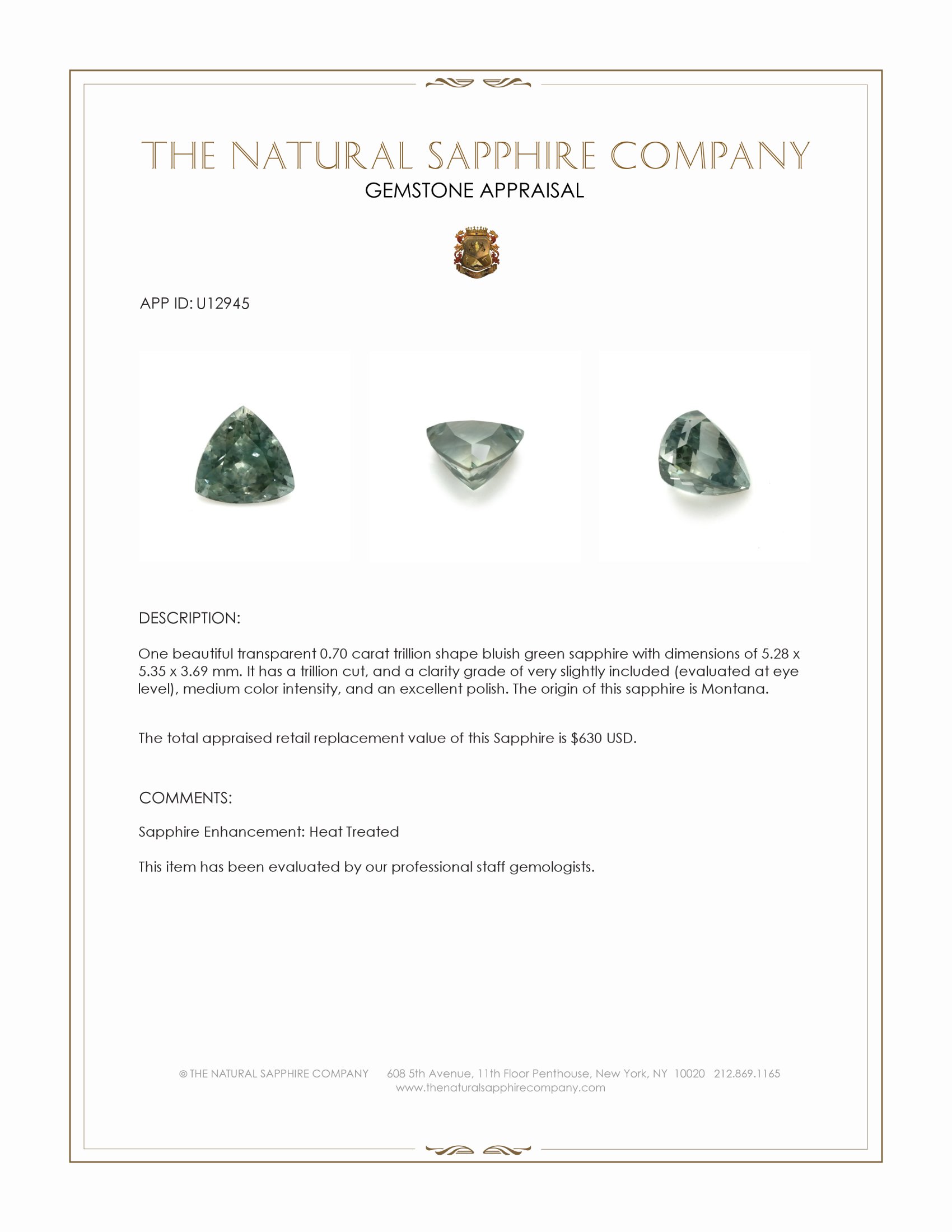 0.70 Ct. Bluish Green Sapphire from Montana