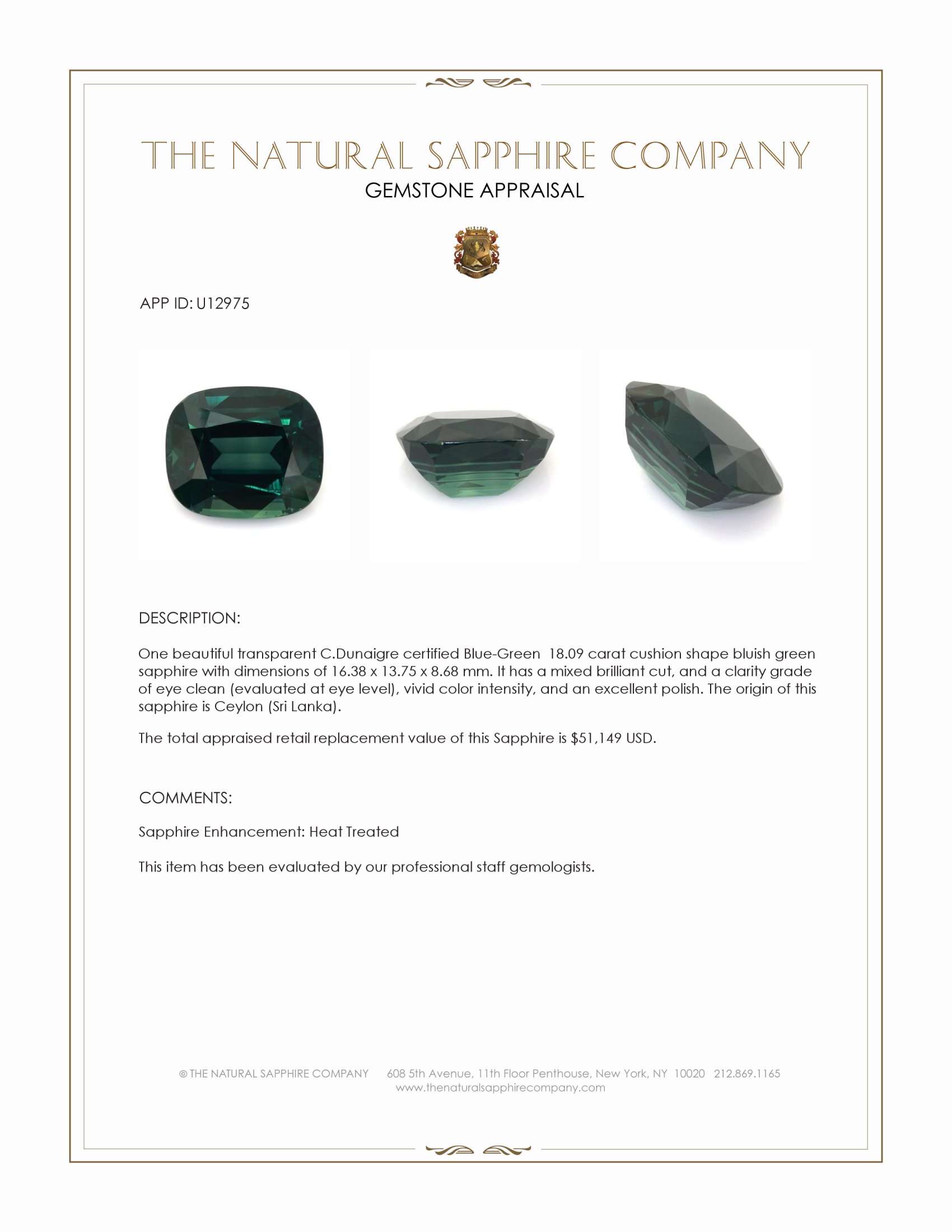 18.09 Ct. Bluish Green Sapphire from Ceylon (Sri Lanka)
