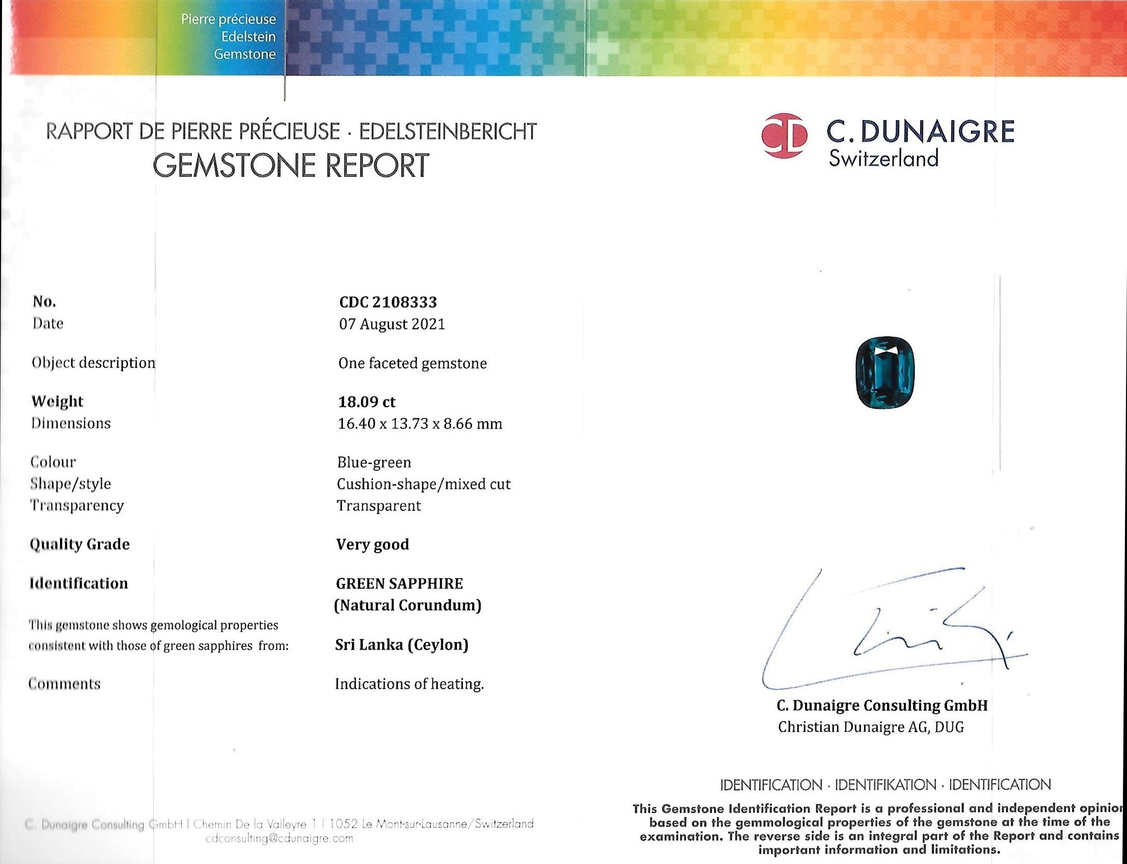 18.09 Ct. Bluish Green Sapphire from Ceylon (Sri Lanka)