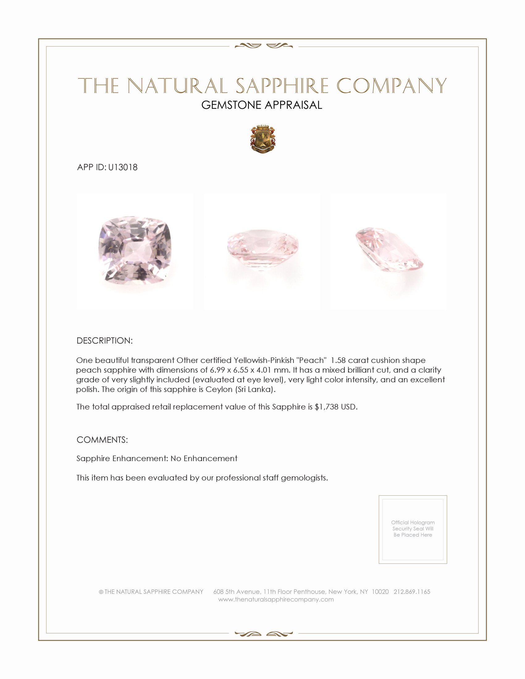 1.58 Ct. Peach Sapphire from Ceylon (Sri Lanka)