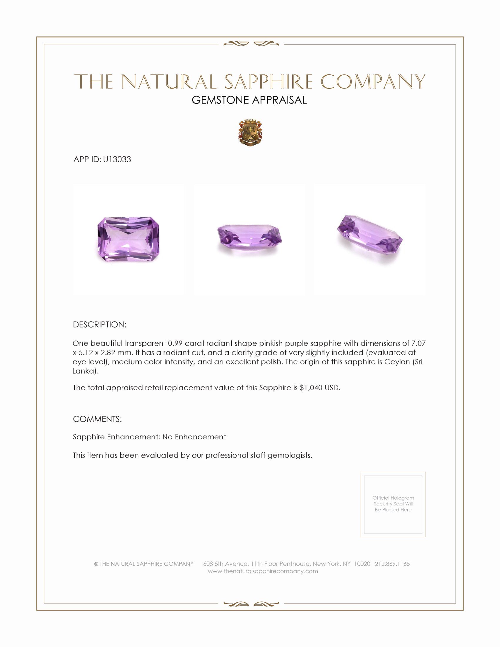 0.99 Ct. Pinkish Purple Sapphire from Ceylon (Sri Lanka)