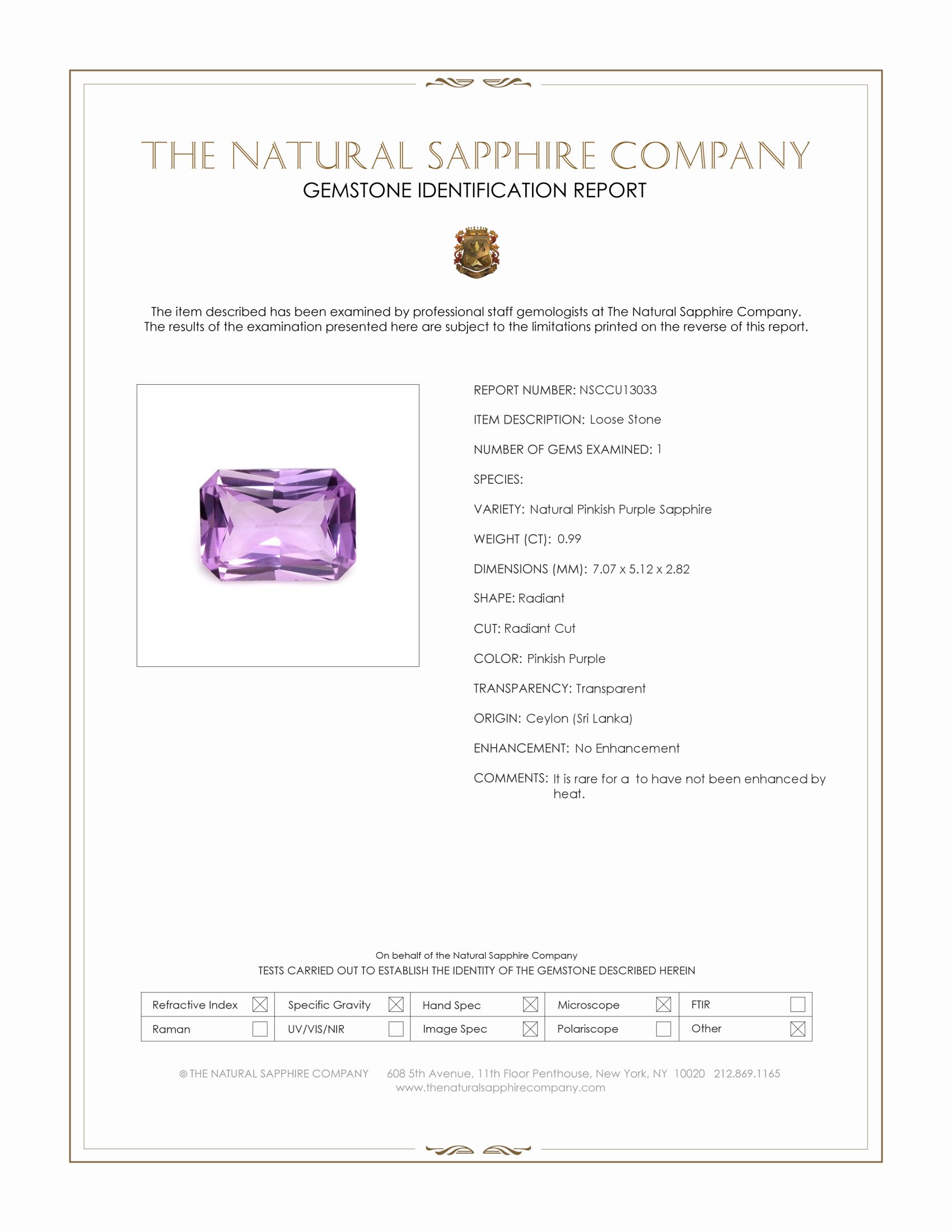 0.99 Ct. Pinkish Purple Sapphire from Ceylon (Sri Lanka)