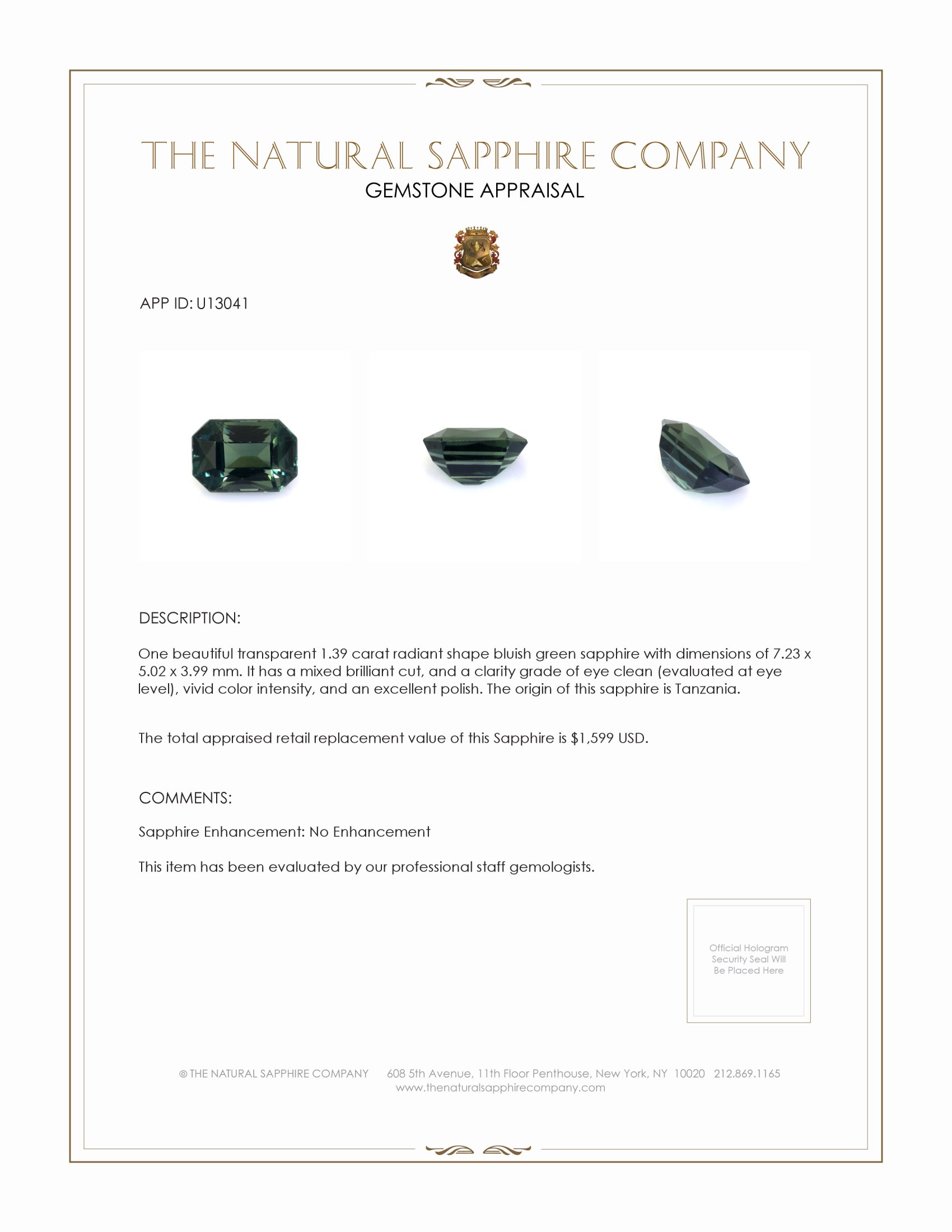1.39 Ct. Bluish Green Sapphire from Tanzania