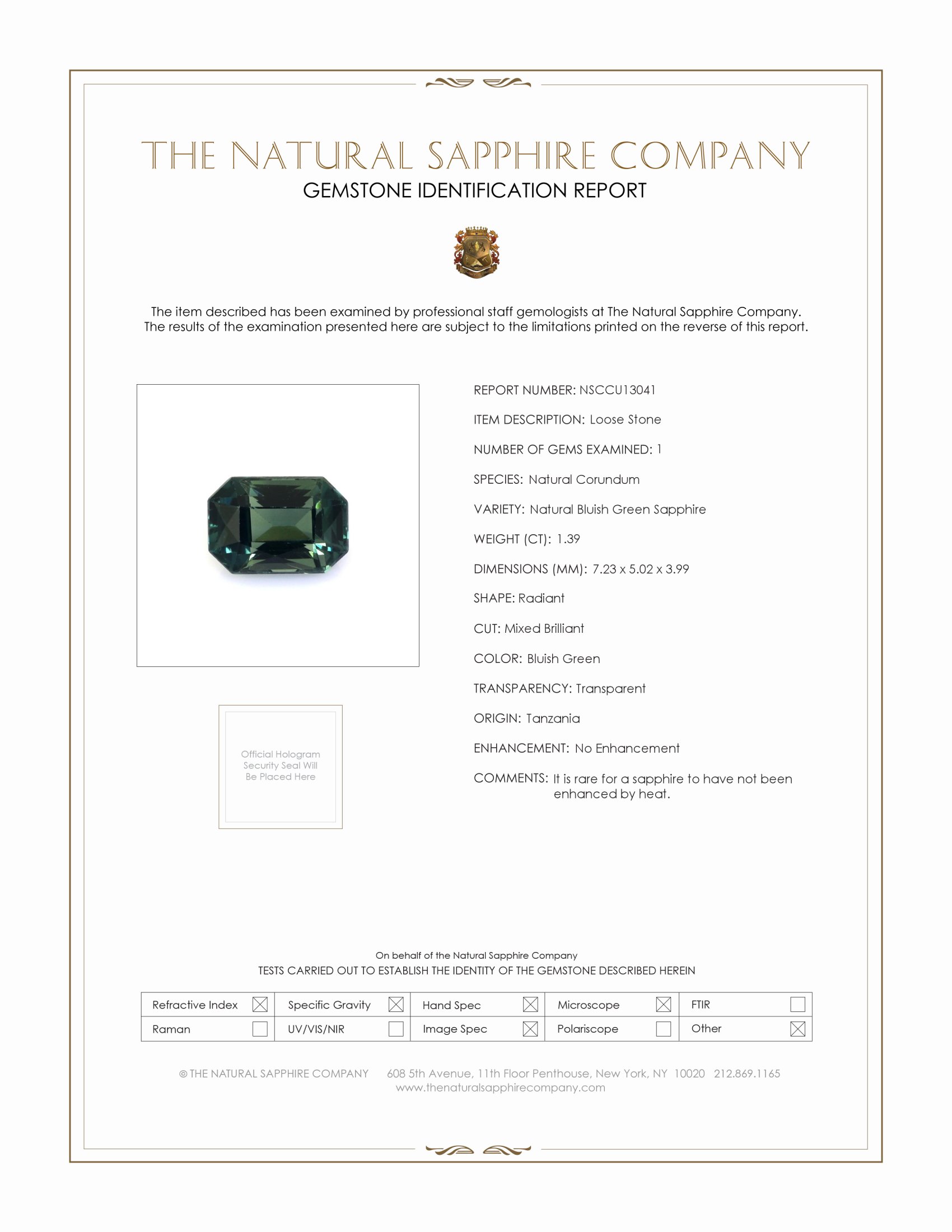 1.39 Ct. Bluish Green Sapphire from Tanzania