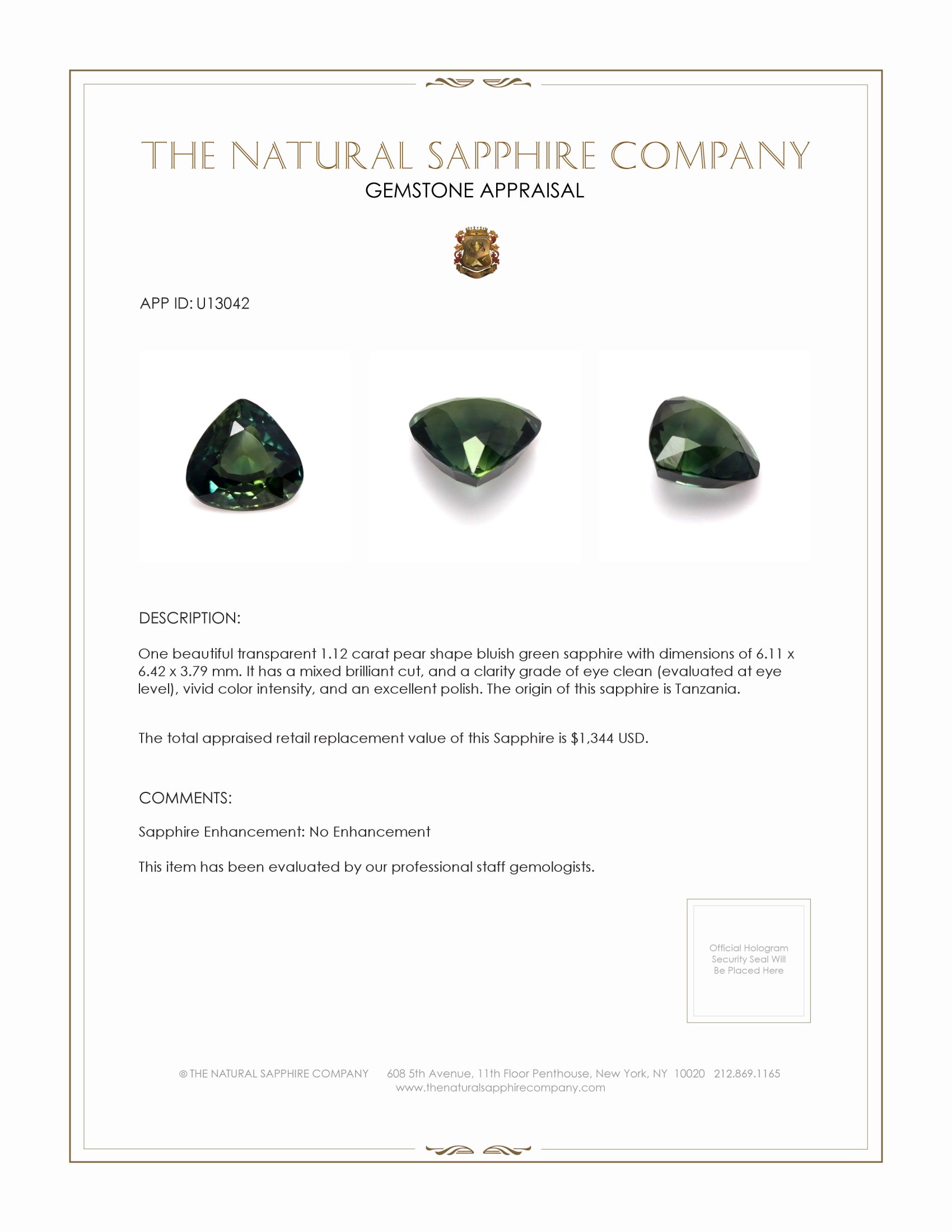 1.12 Ct. Bluish Green Sapphire from Tanzania