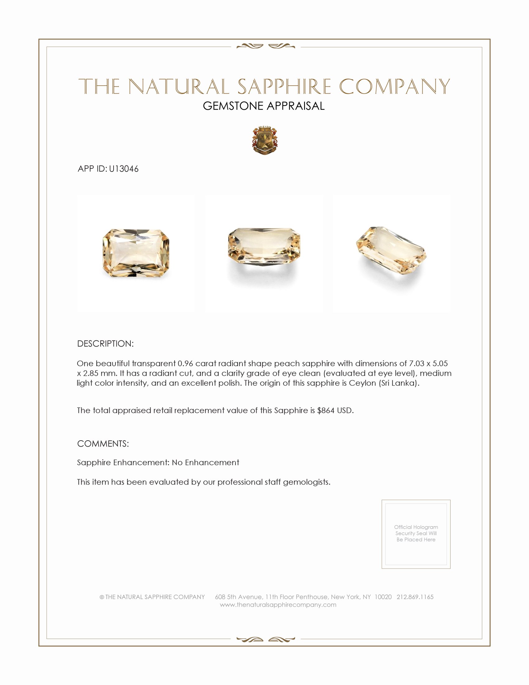 0.96 Ct. Peach Sapphire from Ceylon (Sri Lanka)