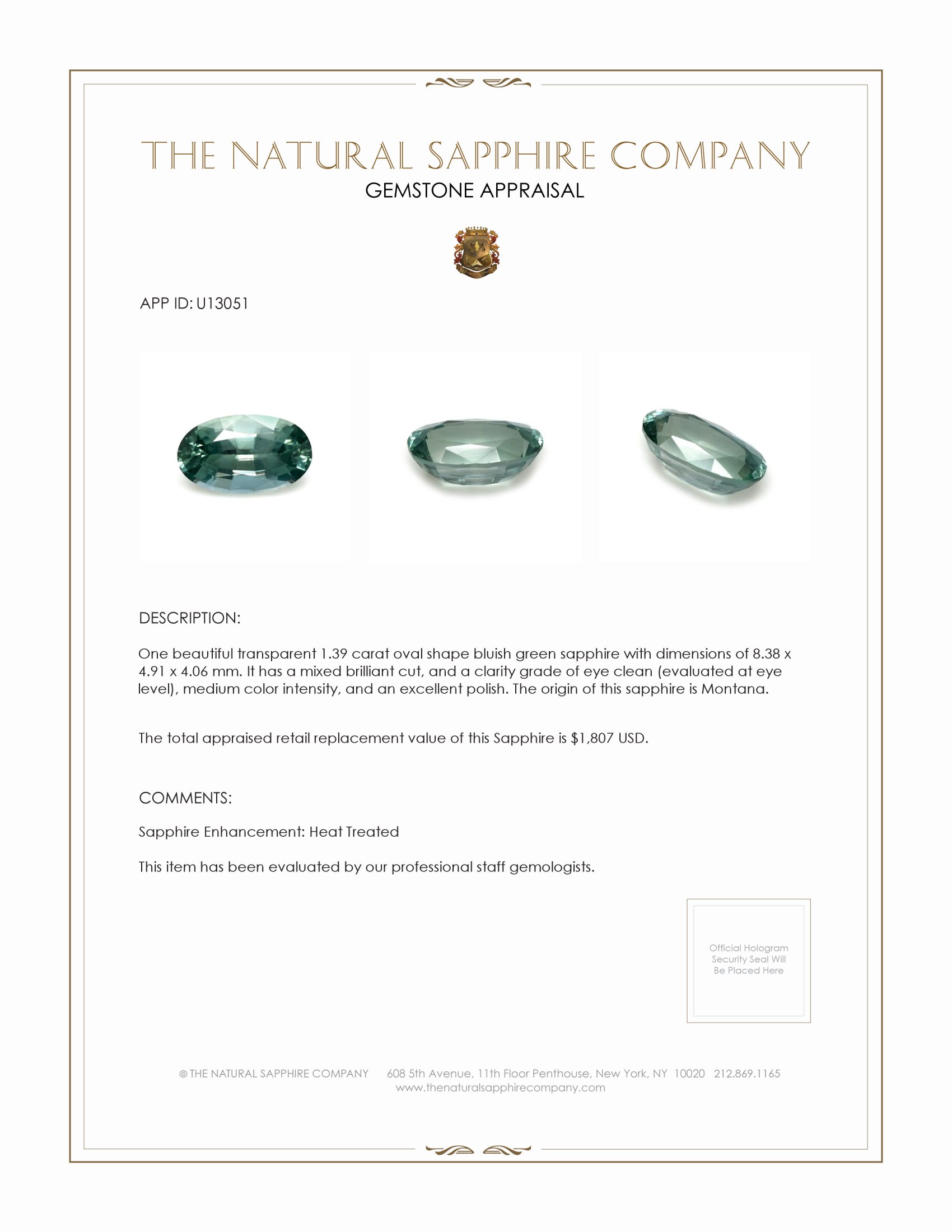 1.39 Ct. Bluish Green Sapphire from Montana