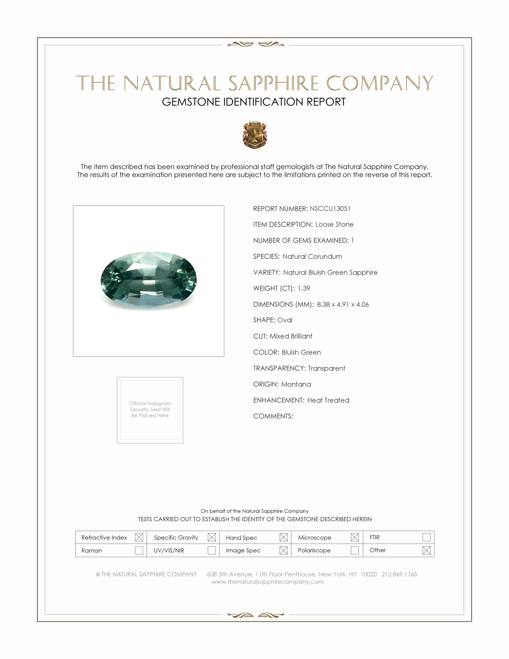 1.39 Ct. Bluish Green Sapphire from Montana