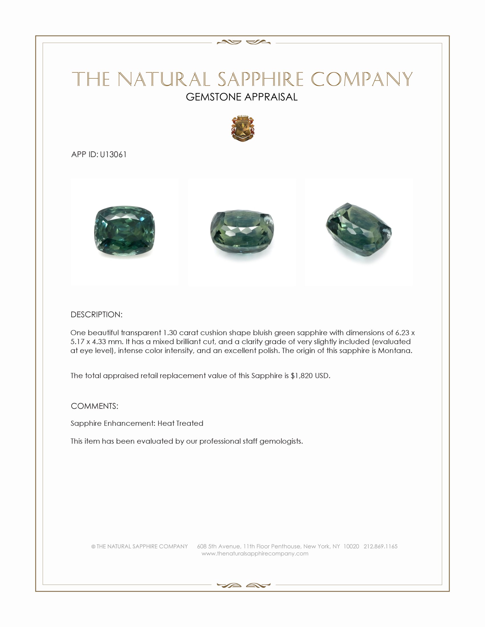 1.30 Ct. Bluish Green Sapphire from Montana
