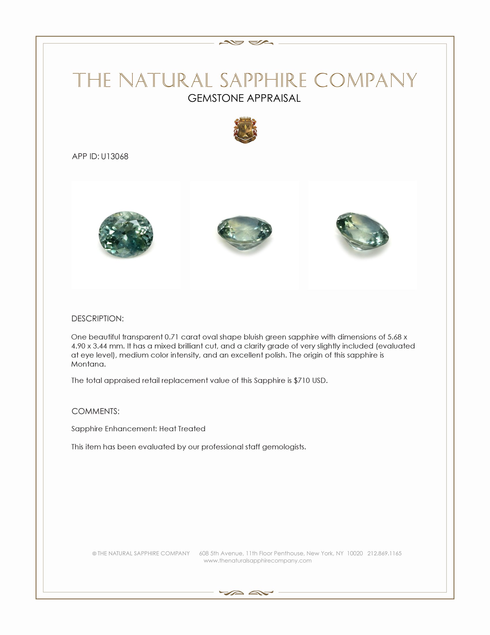 0.71 Ct. Bluish Green Sapphire from Montana