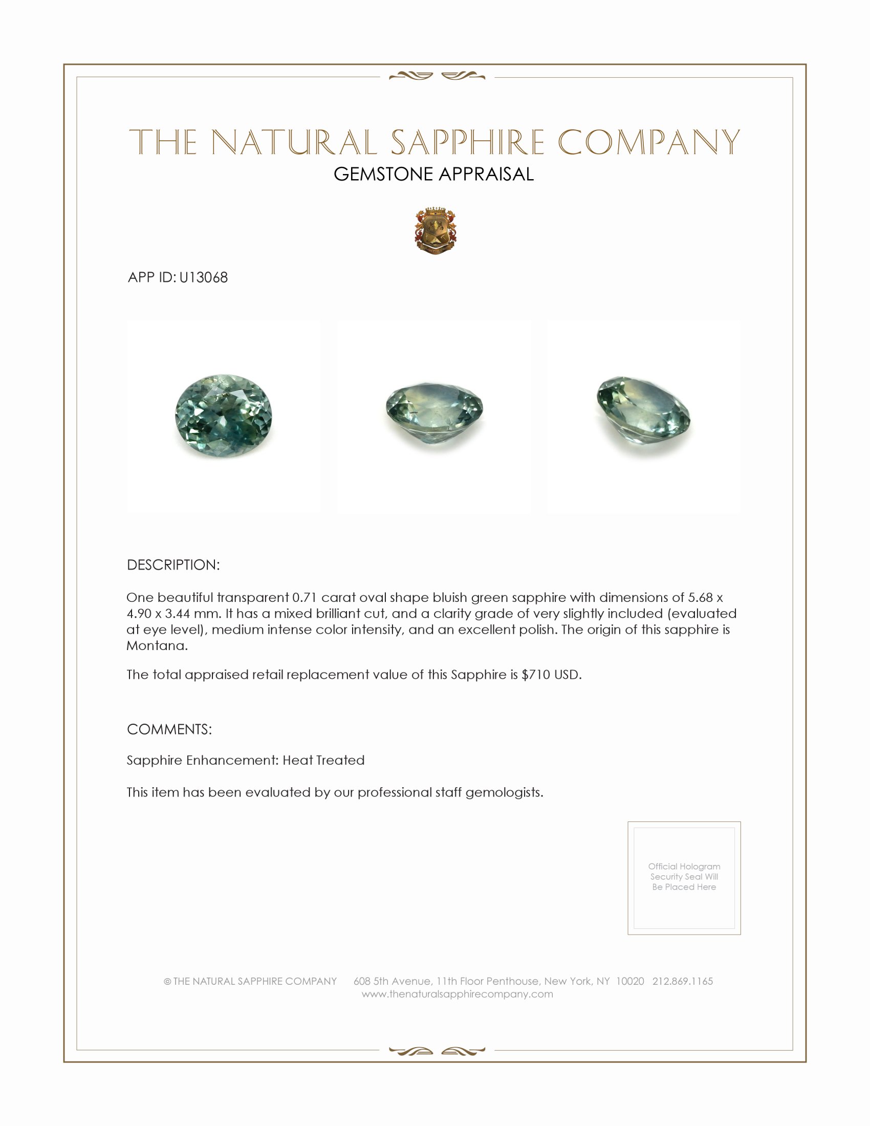 0.71 Ct. Bluish Green Sapphire from Montana
