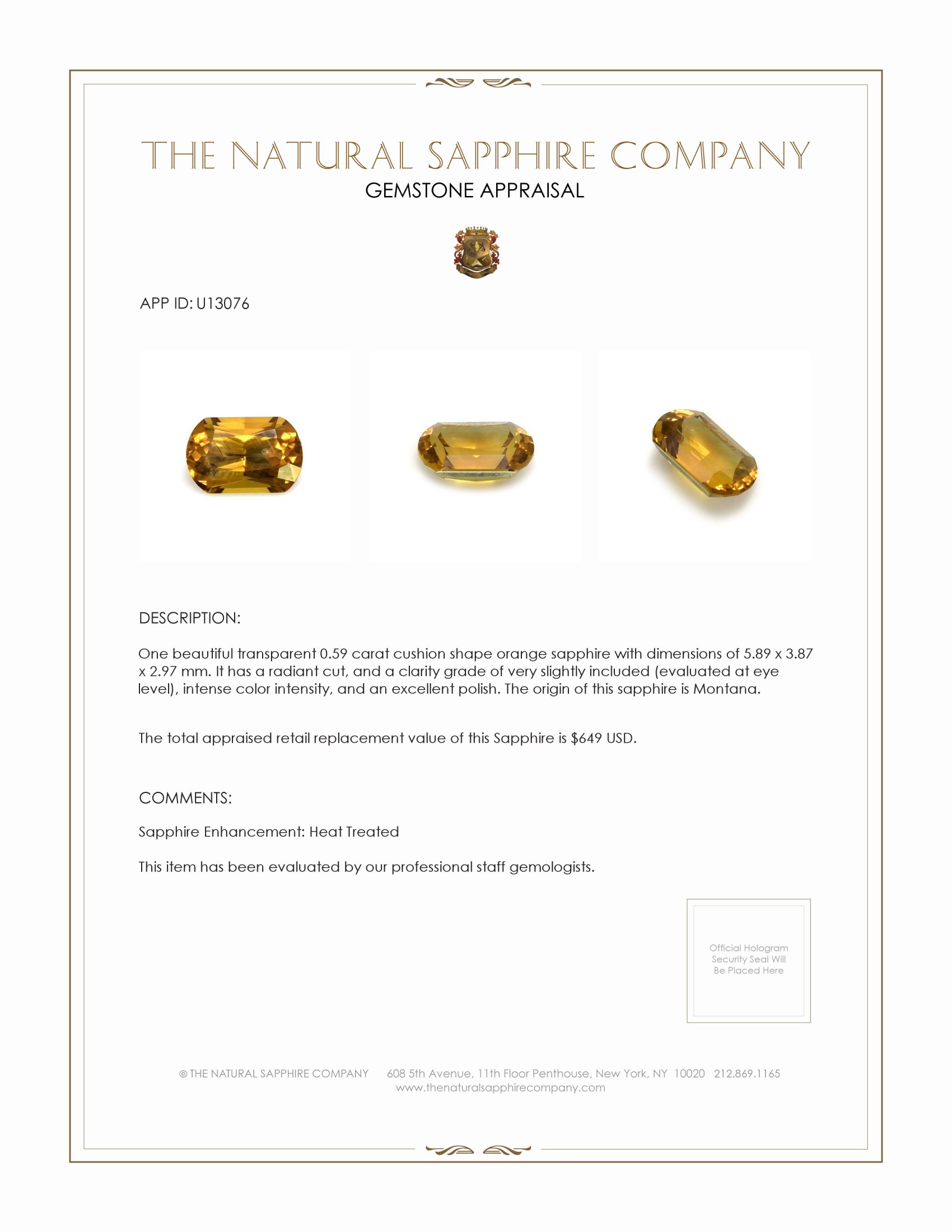 0.59 Ct. Orange Sapphire from Montana