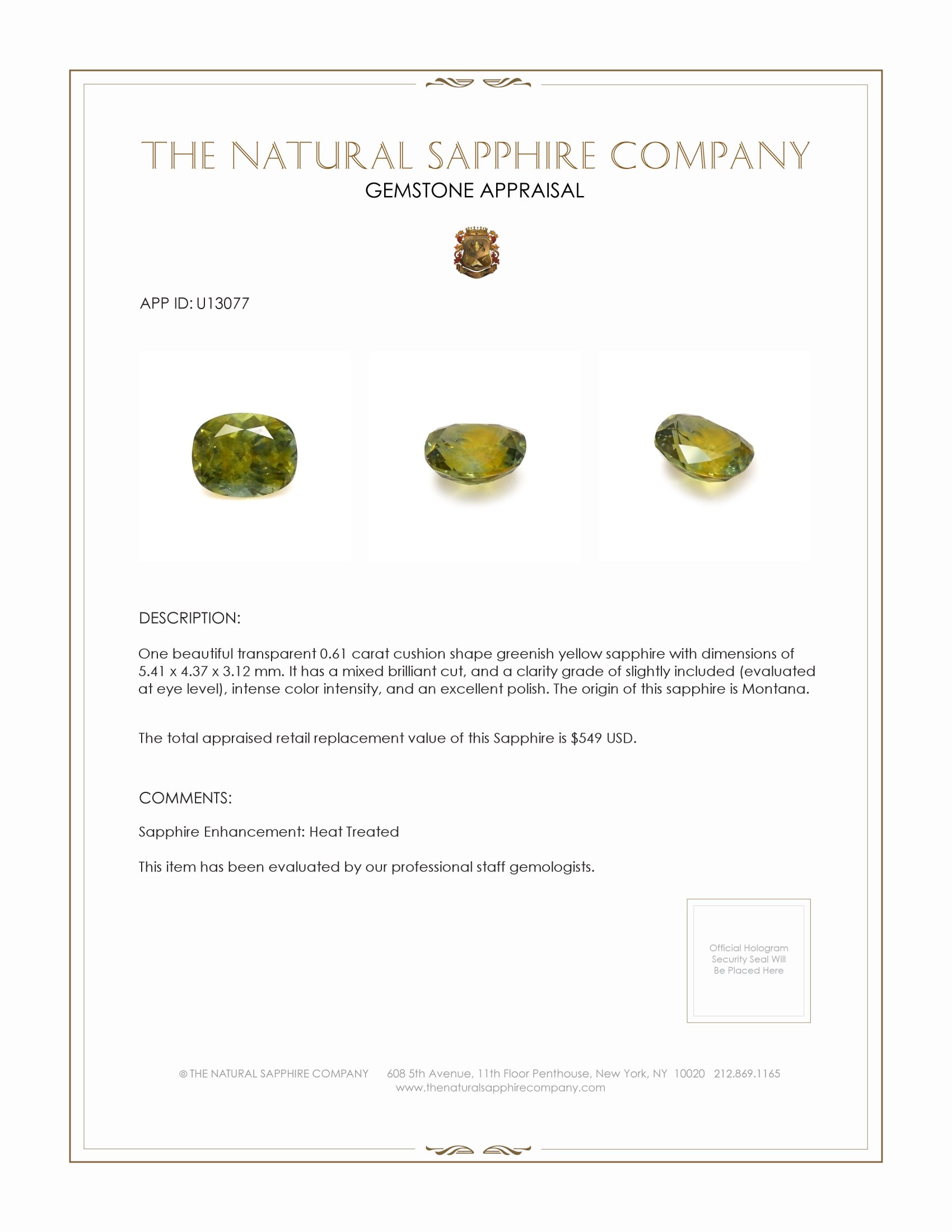 0.61 Ct. Greenish Yellow Sapphire from Montana