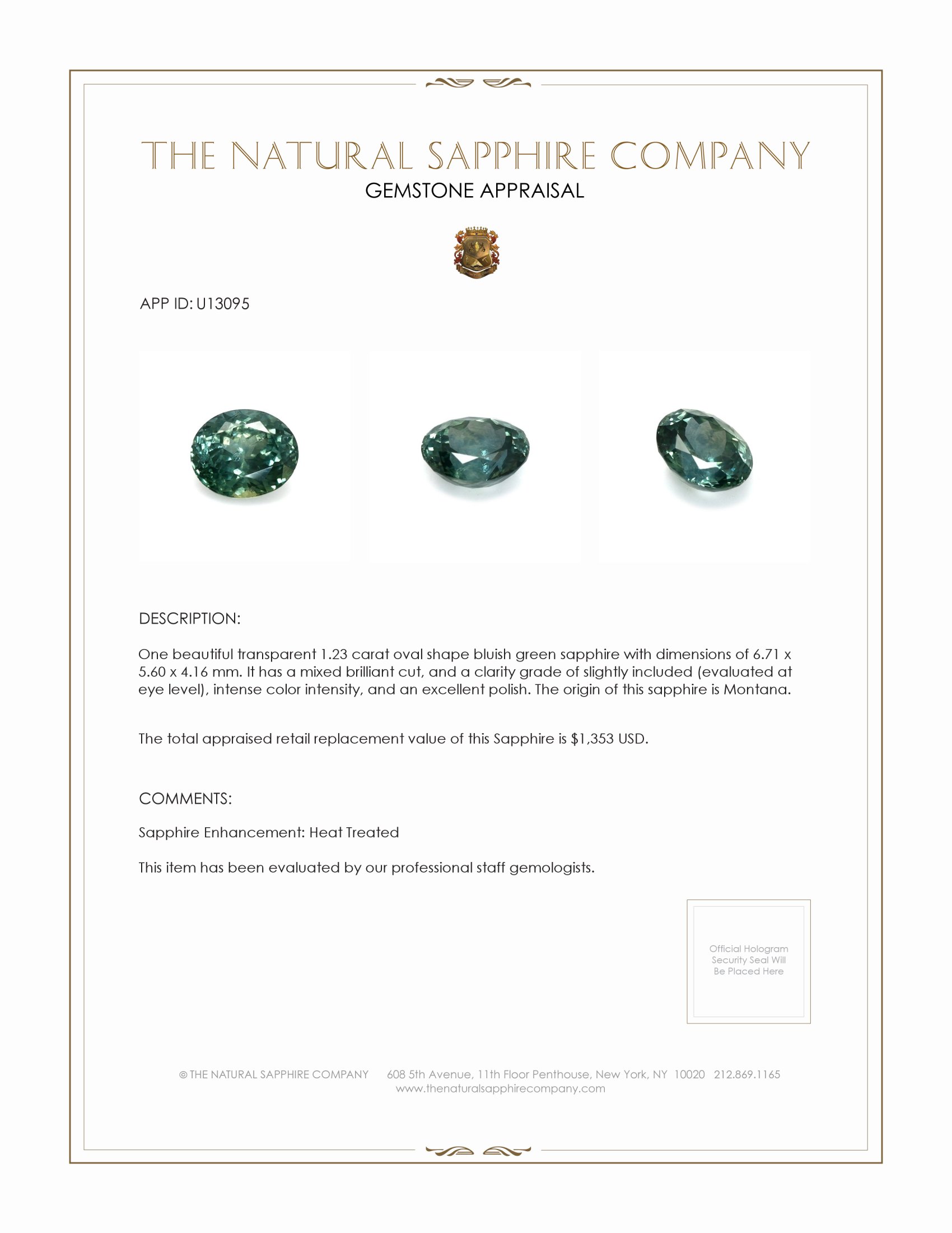 1.23 Ct. Bluish Green Sapphire from Montana