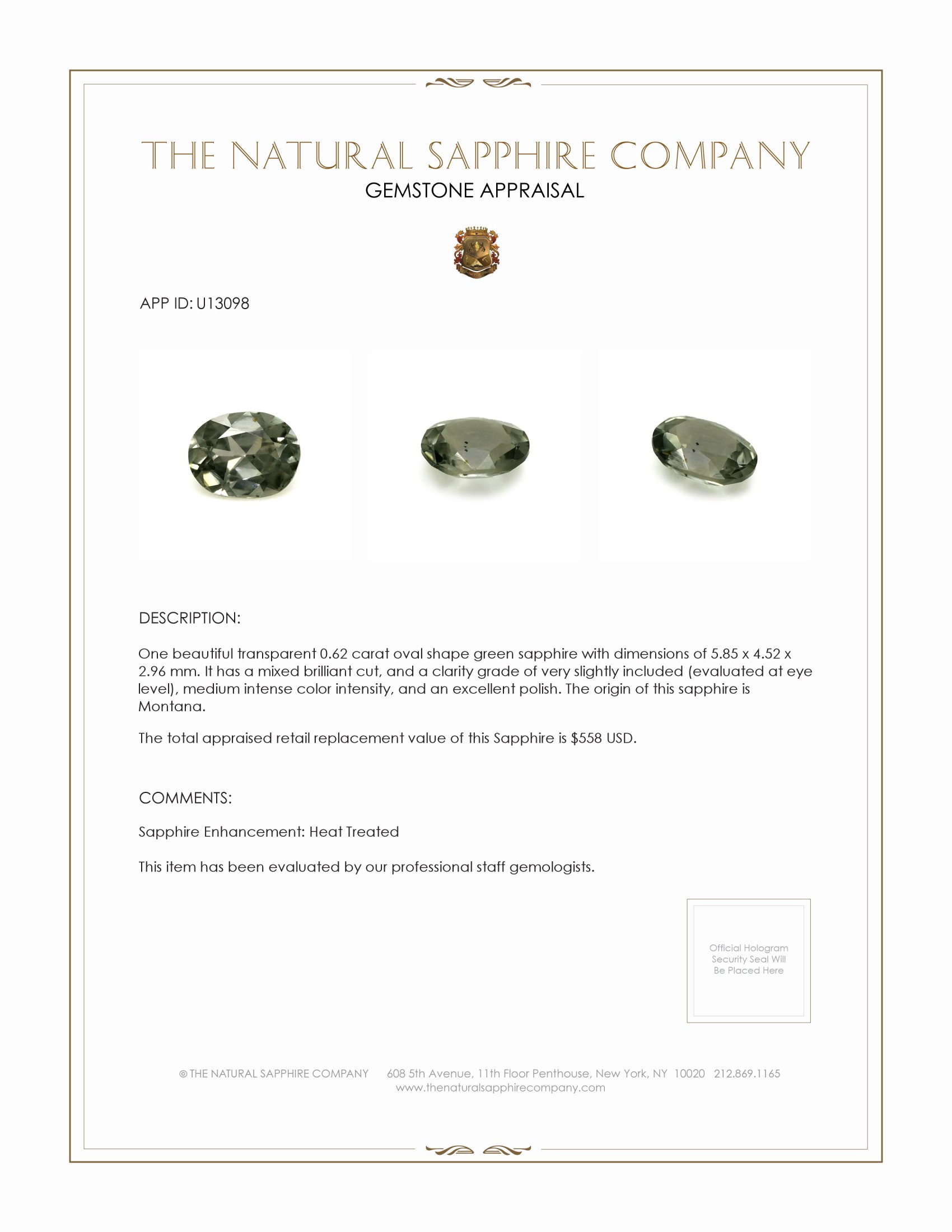 0.62 Ct. Green Sapphire from Montana