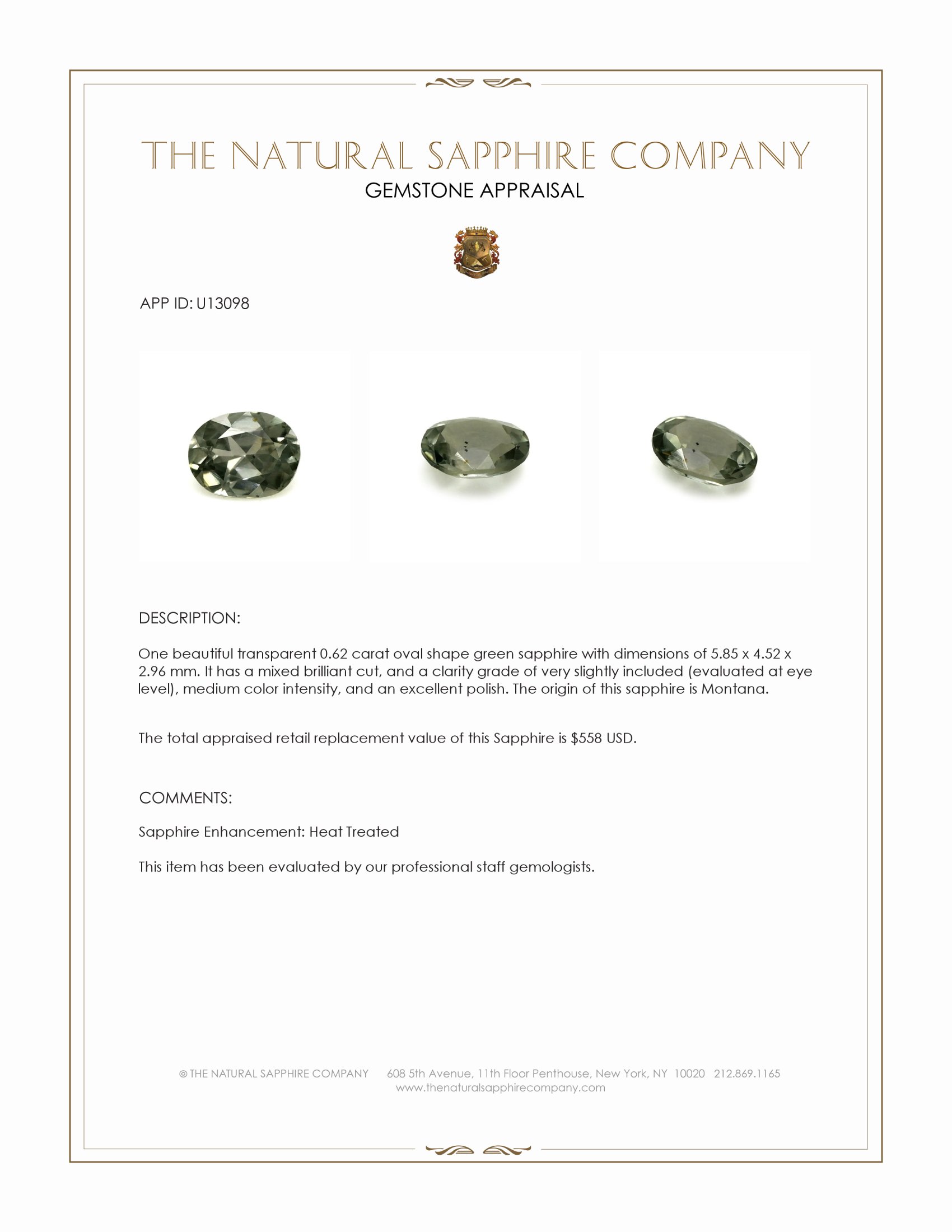 0.62 Ct. Green Sapphire from Montana
