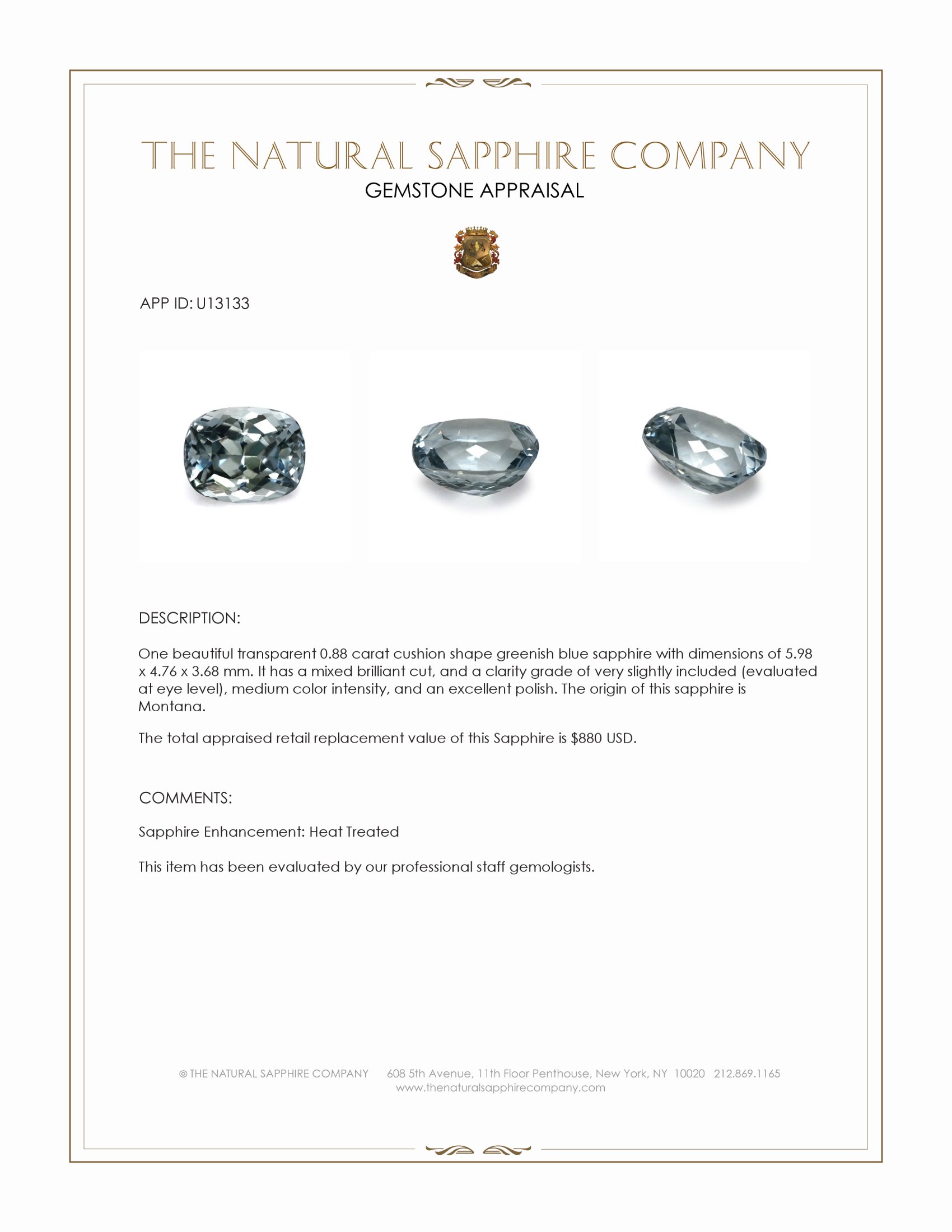 0.88 Ct. Greenish Blue Sapphire from Montana