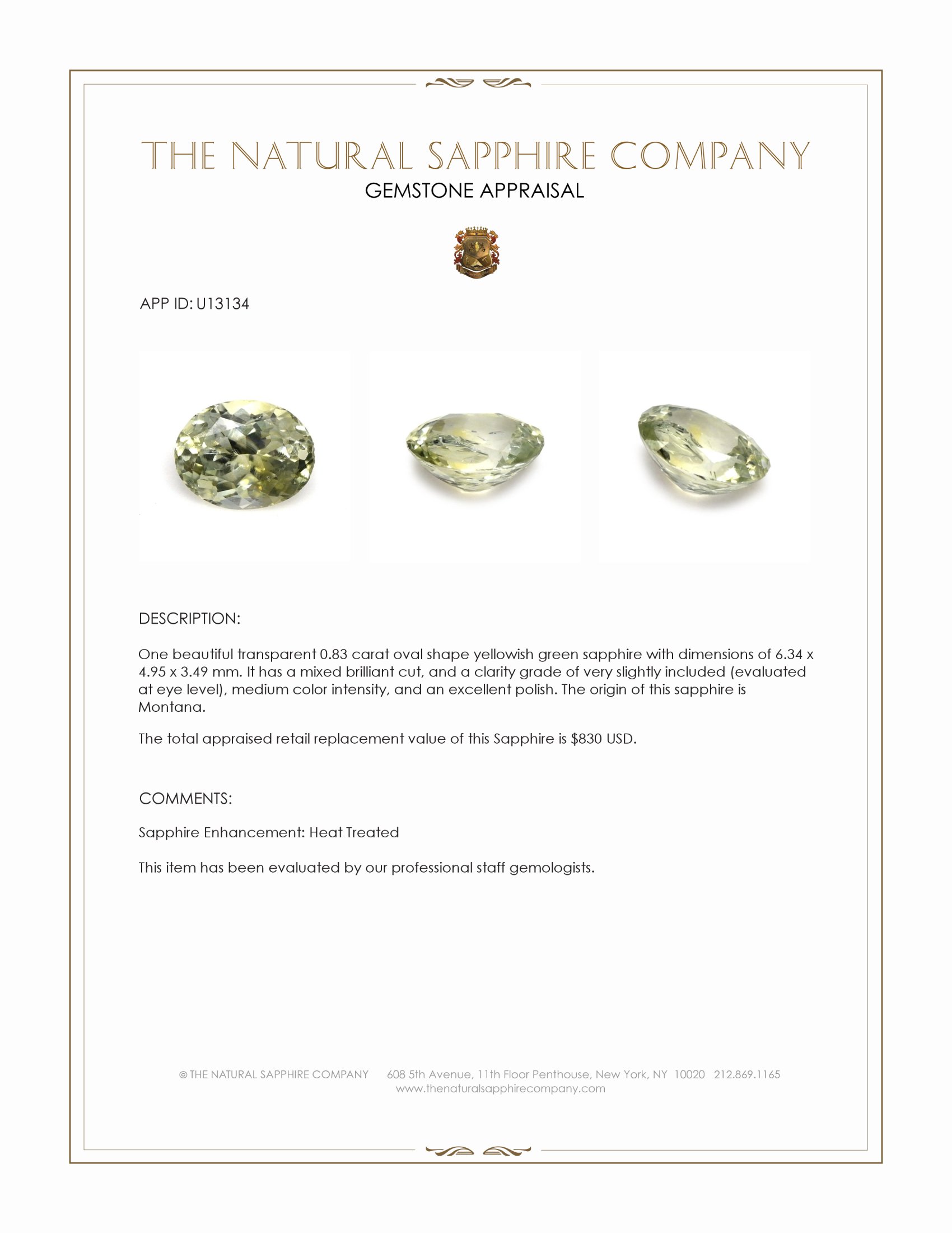 0.83 Ct. Yellowish Green Sapphire from Montana