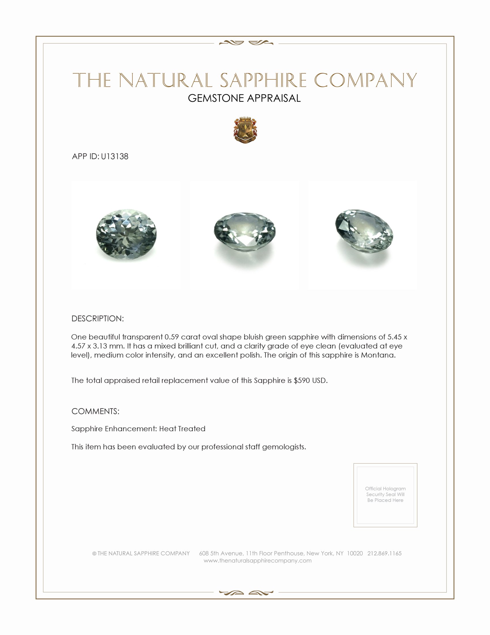 0.59 Ct. Bluish Green Sapphire from Montana