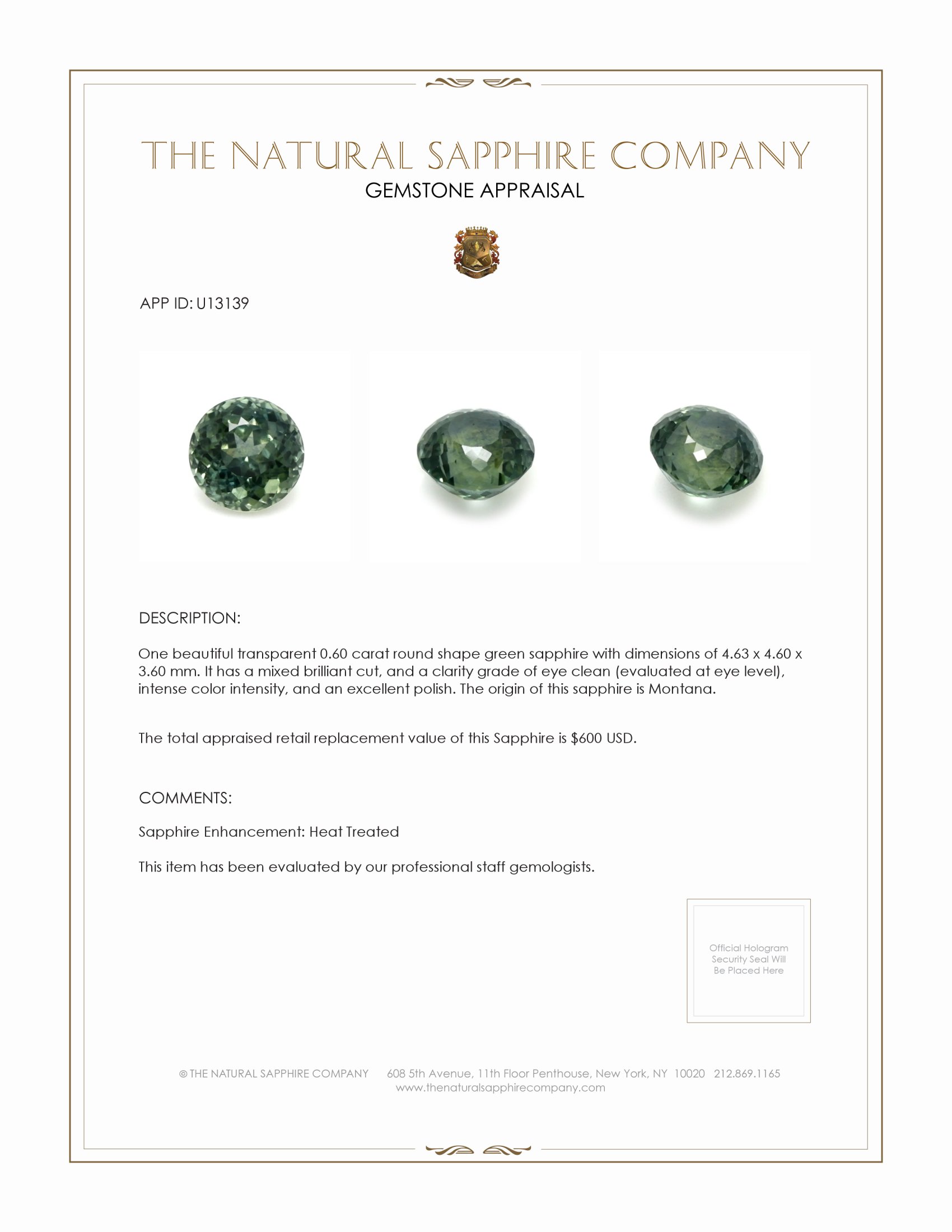 0.60 Ct. Green Sapphire from Montana