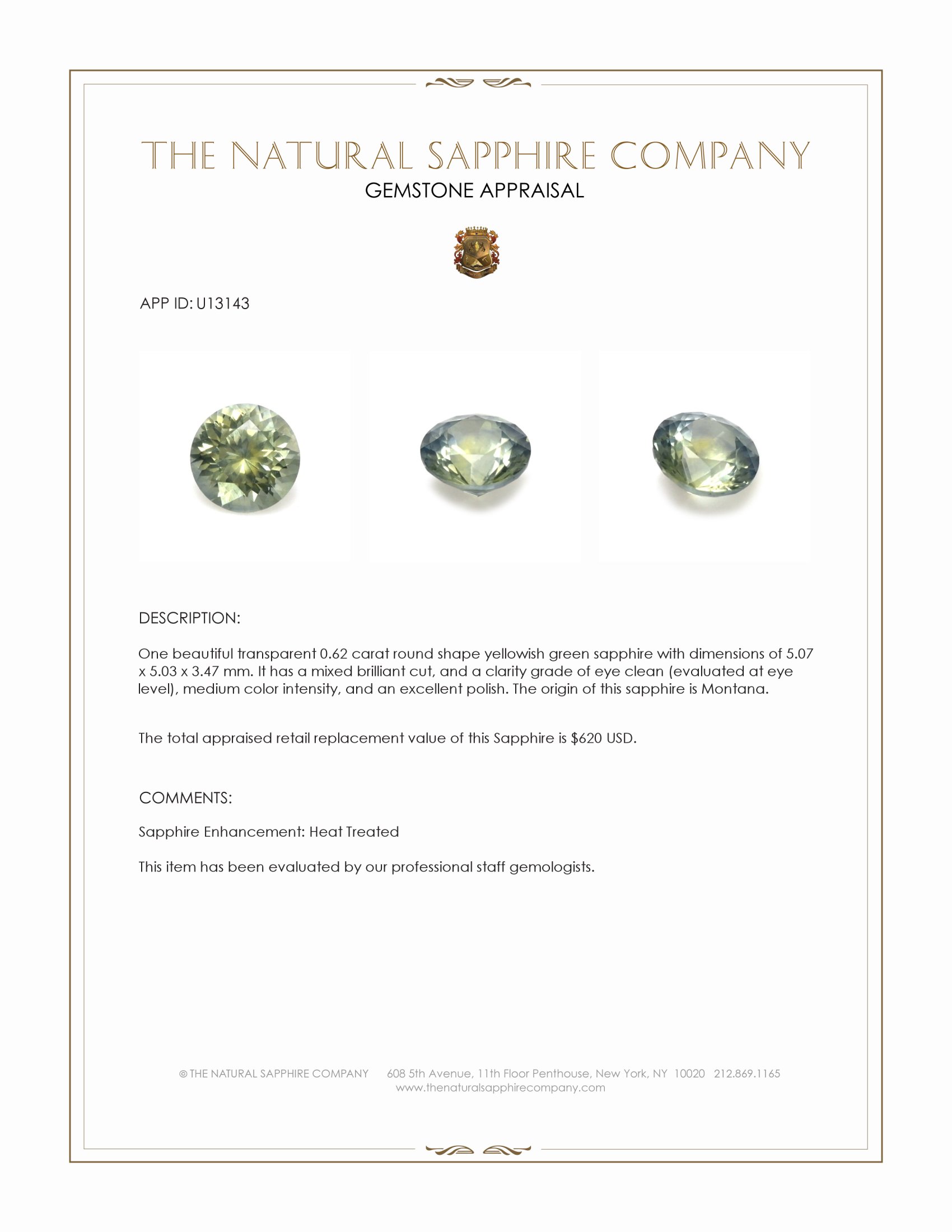 0.62 Ct. Yellowish Green Sapphire from Montana