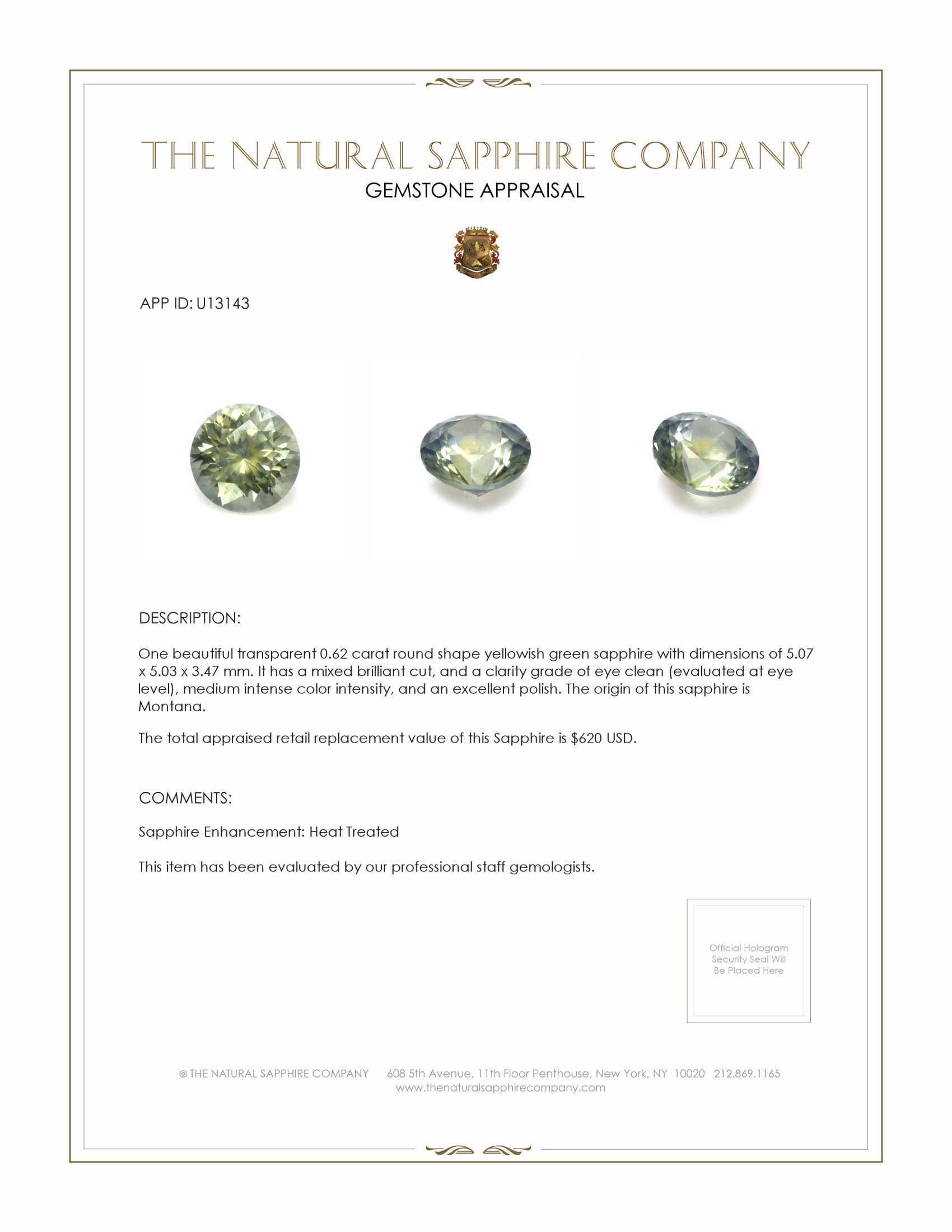 0.62 Ct. Yellowish Green Sapphire from Montana