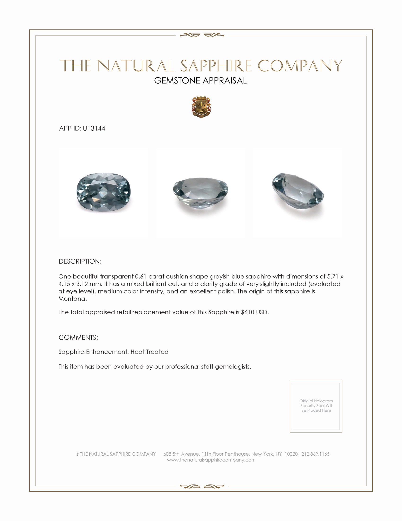 0.61 Ct. Greyish Blue Sapphire from Montana