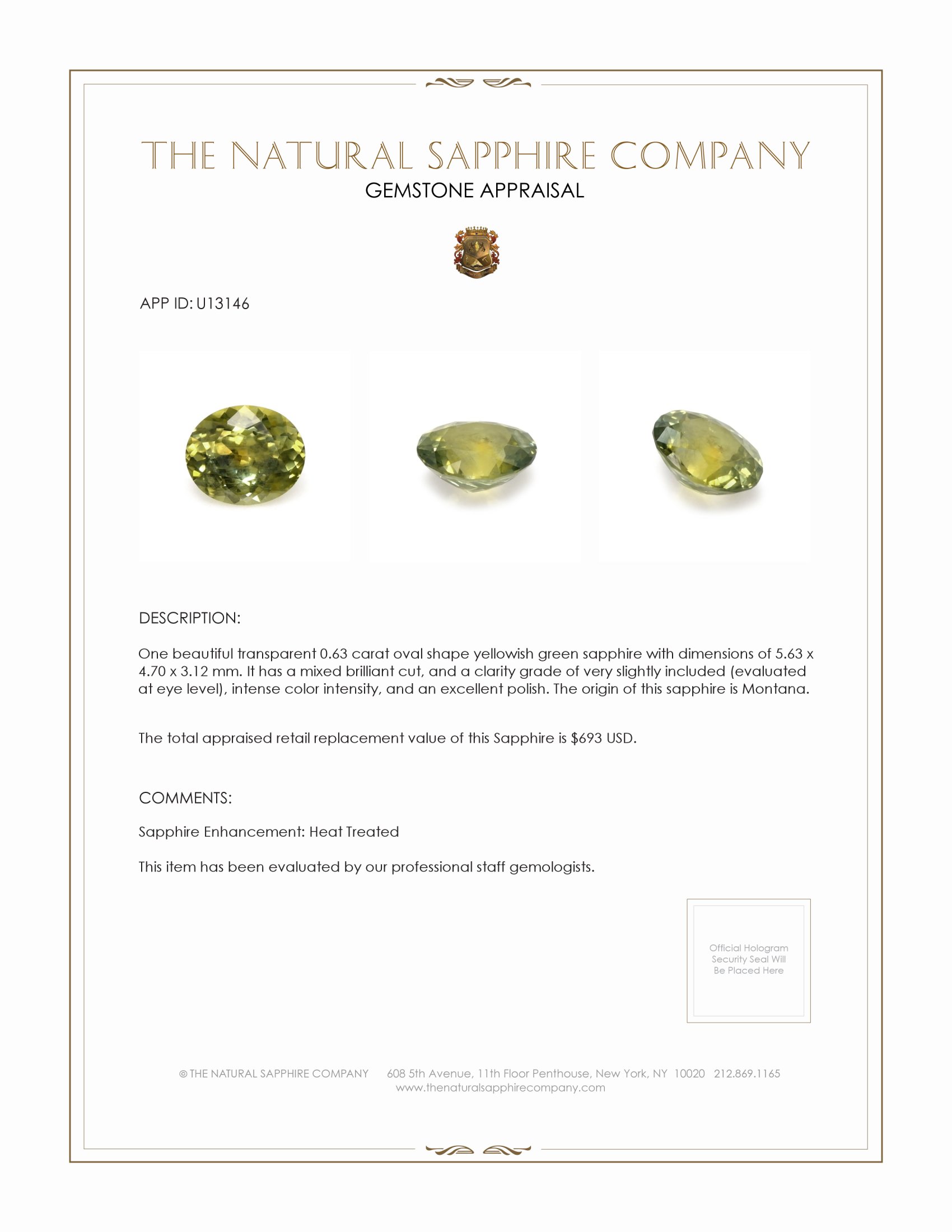 0.63 Ct. Yellowish Green Sapphire from Montana