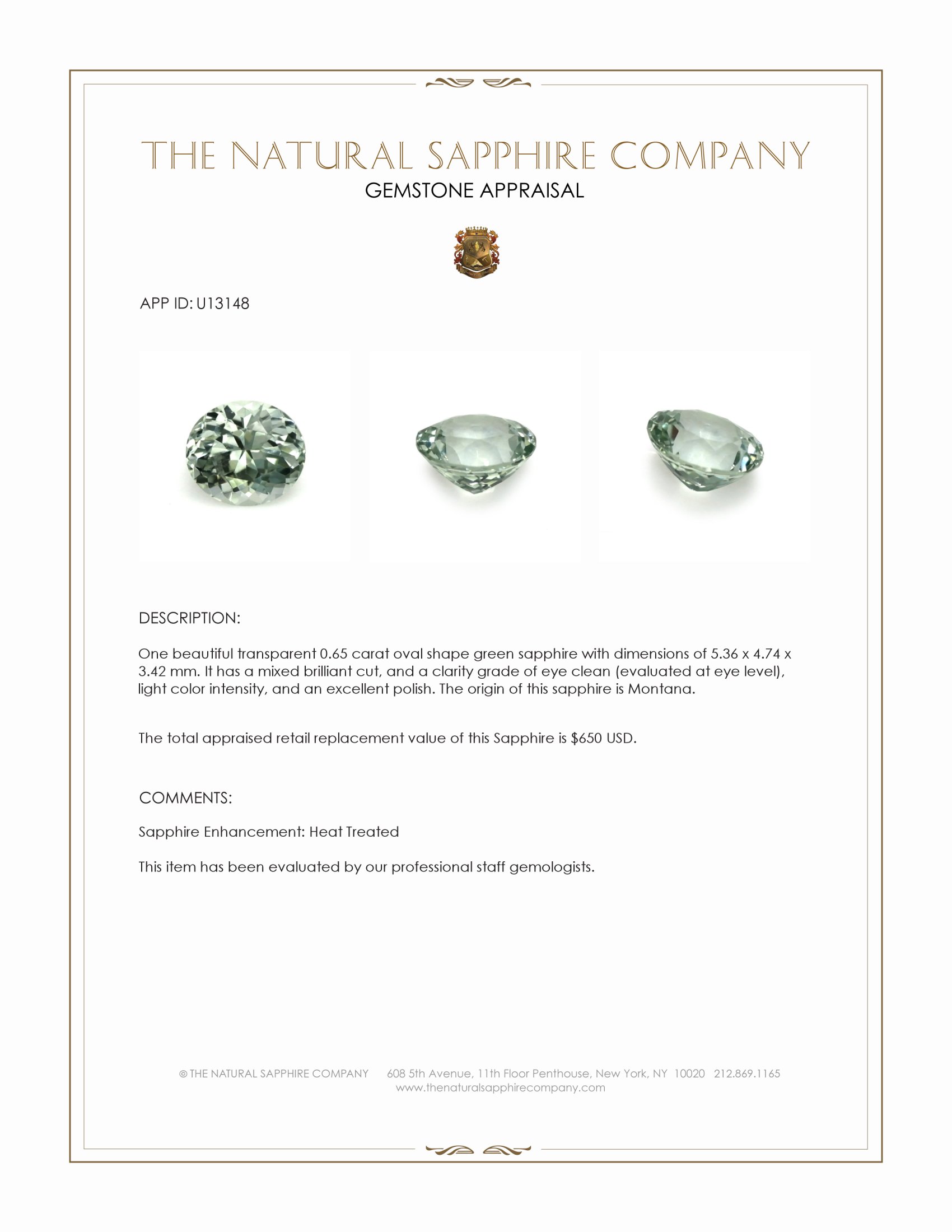 0.65 Ct. Green Sapphire from Montana