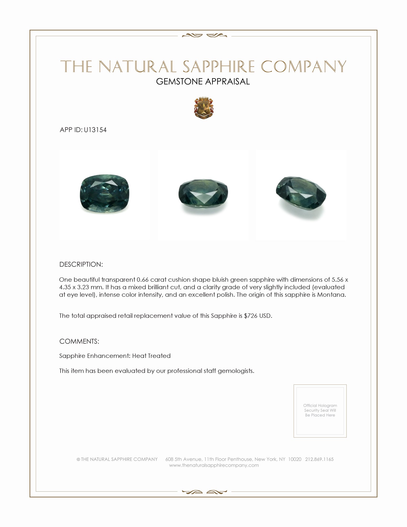 0.66 Ct. Bluish Green Sapphire from Montana