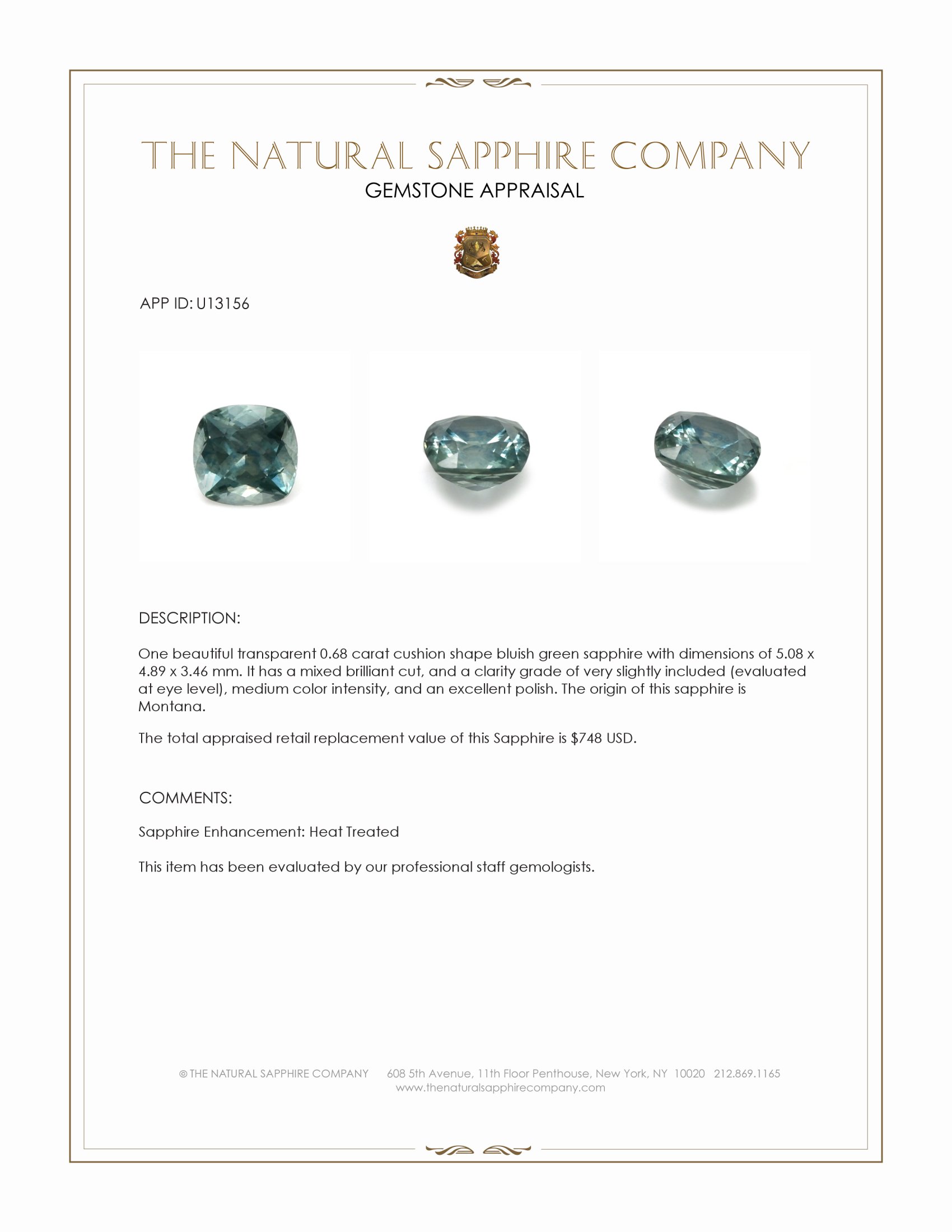 0.68 Ct. Bluish Green Sapphire from Montana