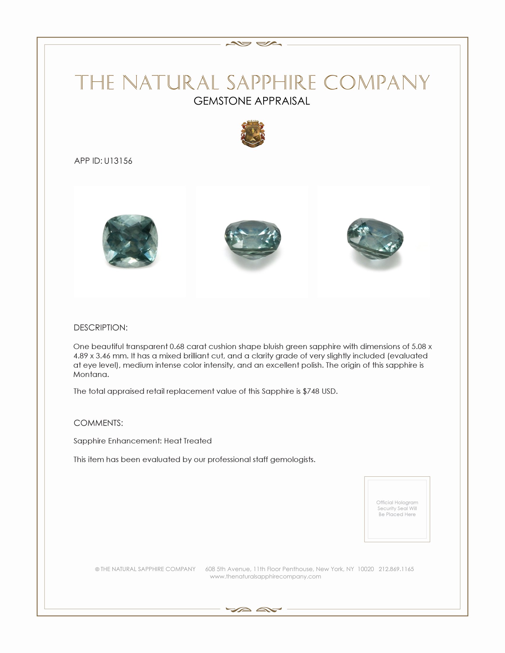 0.68 Ct. Bluish Green Sapphire from Montana