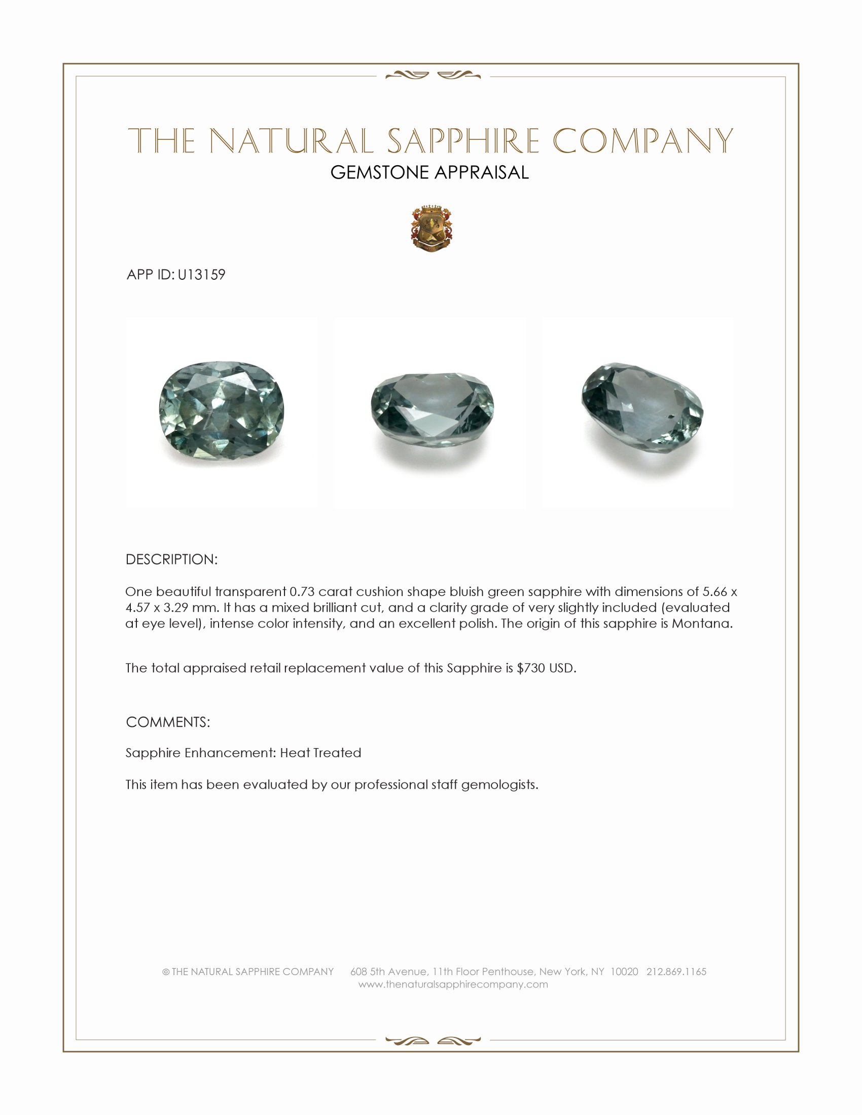 0.73 Ct. Bluish Green Sapphire from Montana