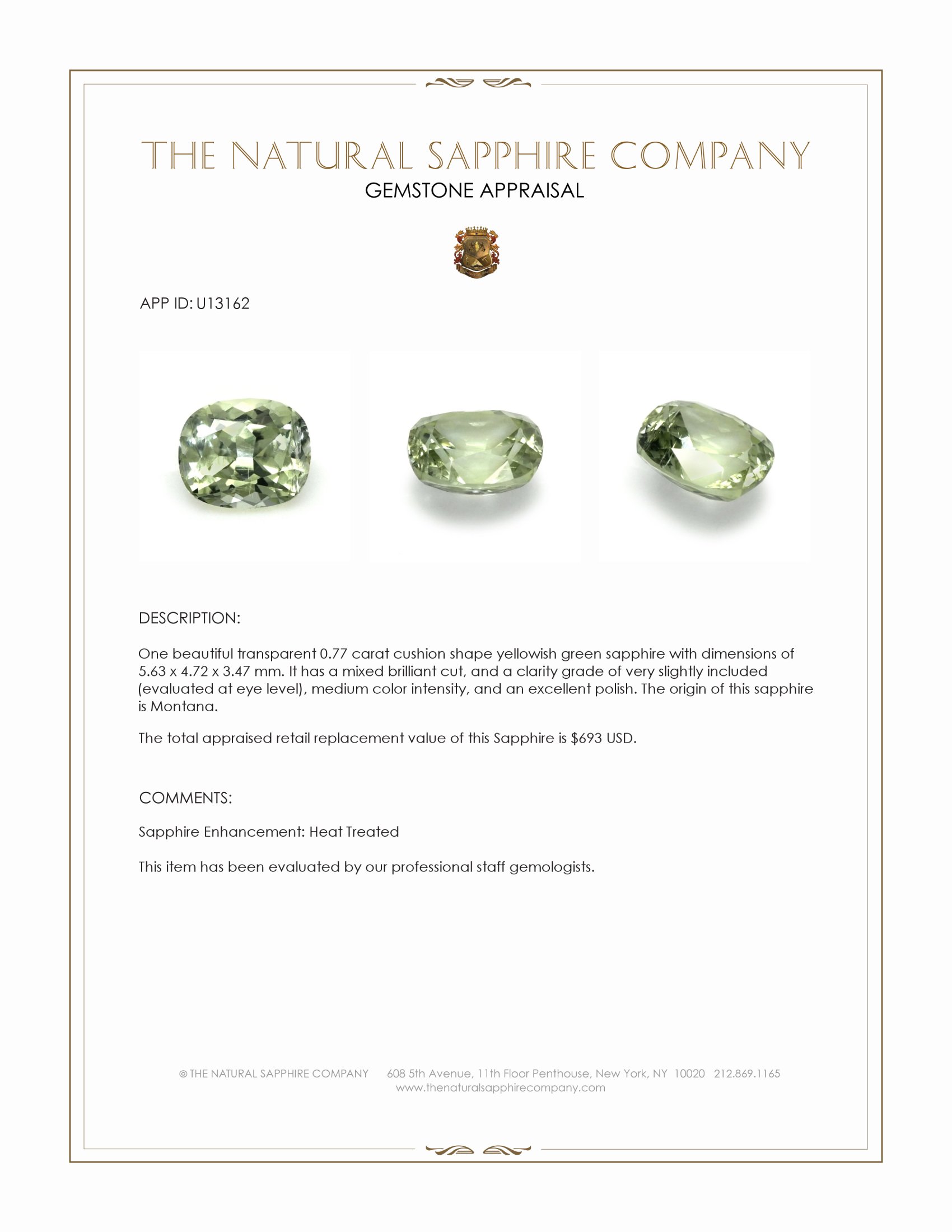 0.77 Ct. Yellowish Green Sapphire from Montana