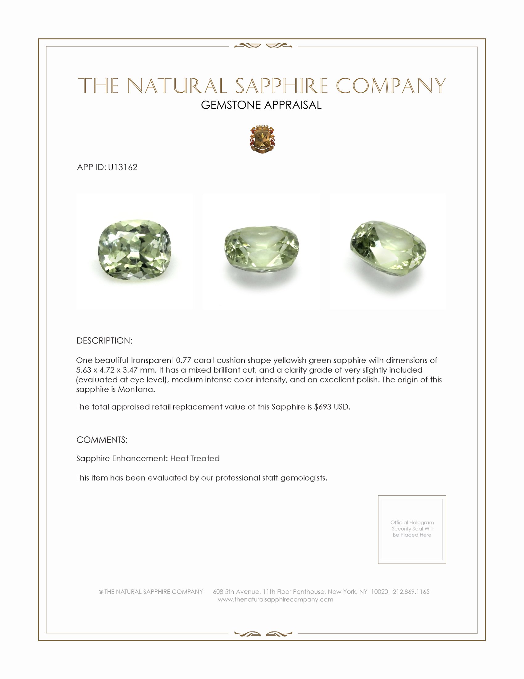 0.77 Ct. Yellowish Green Sapphire from Montana