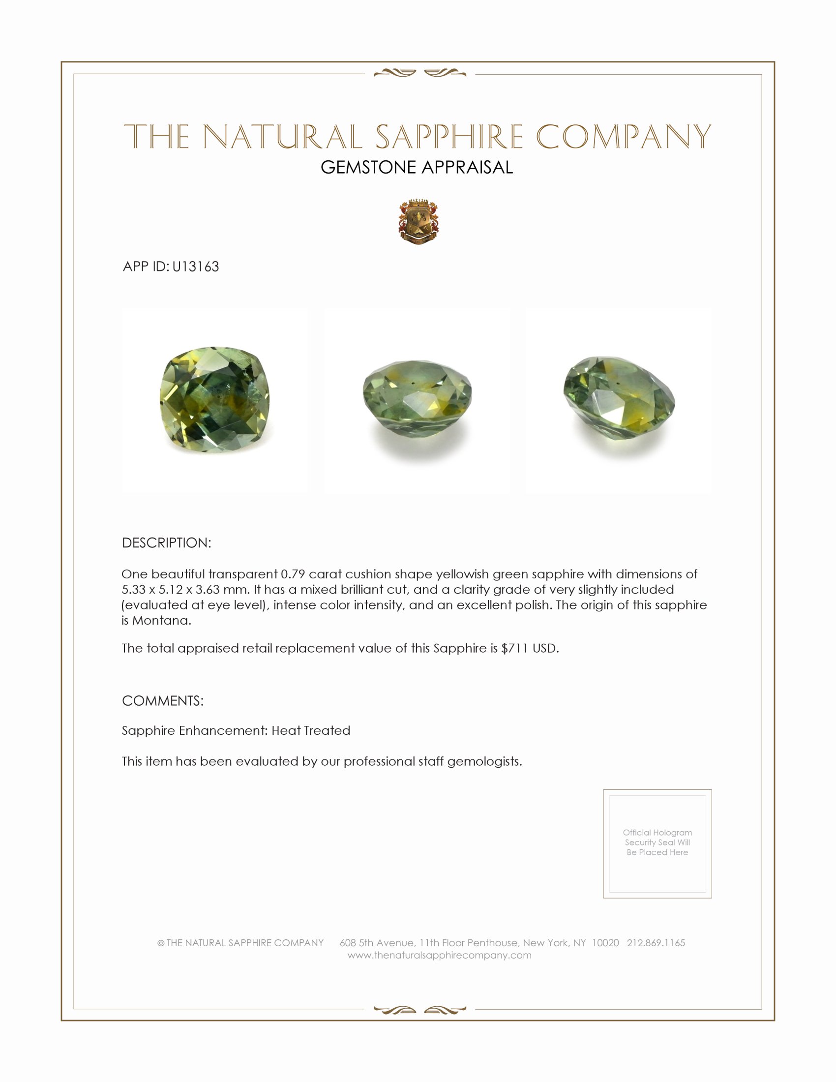 0.79 Ct. Yellowish Green Sapphire from Montana