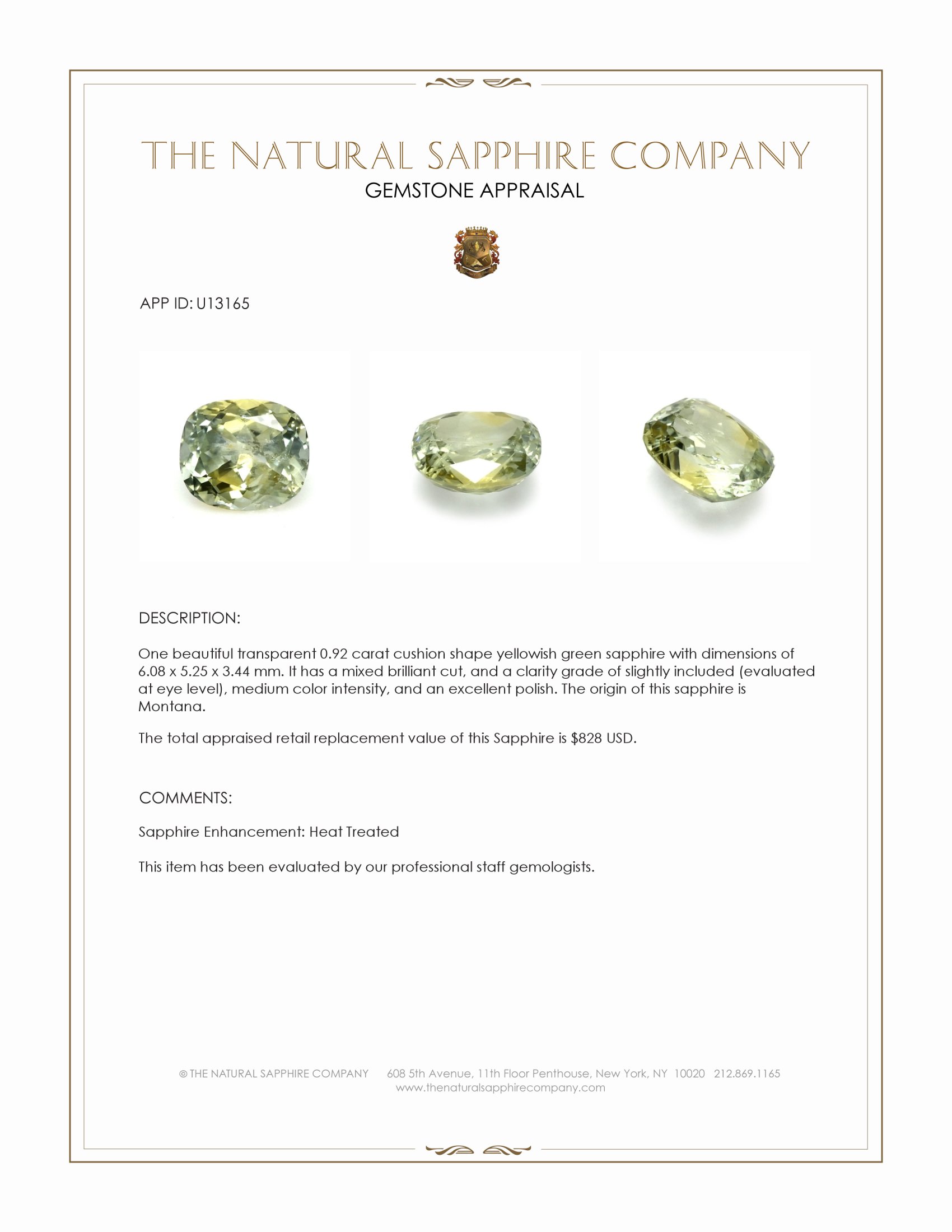 0.92 Ct. Yellowish Green Sapphire from Montana
