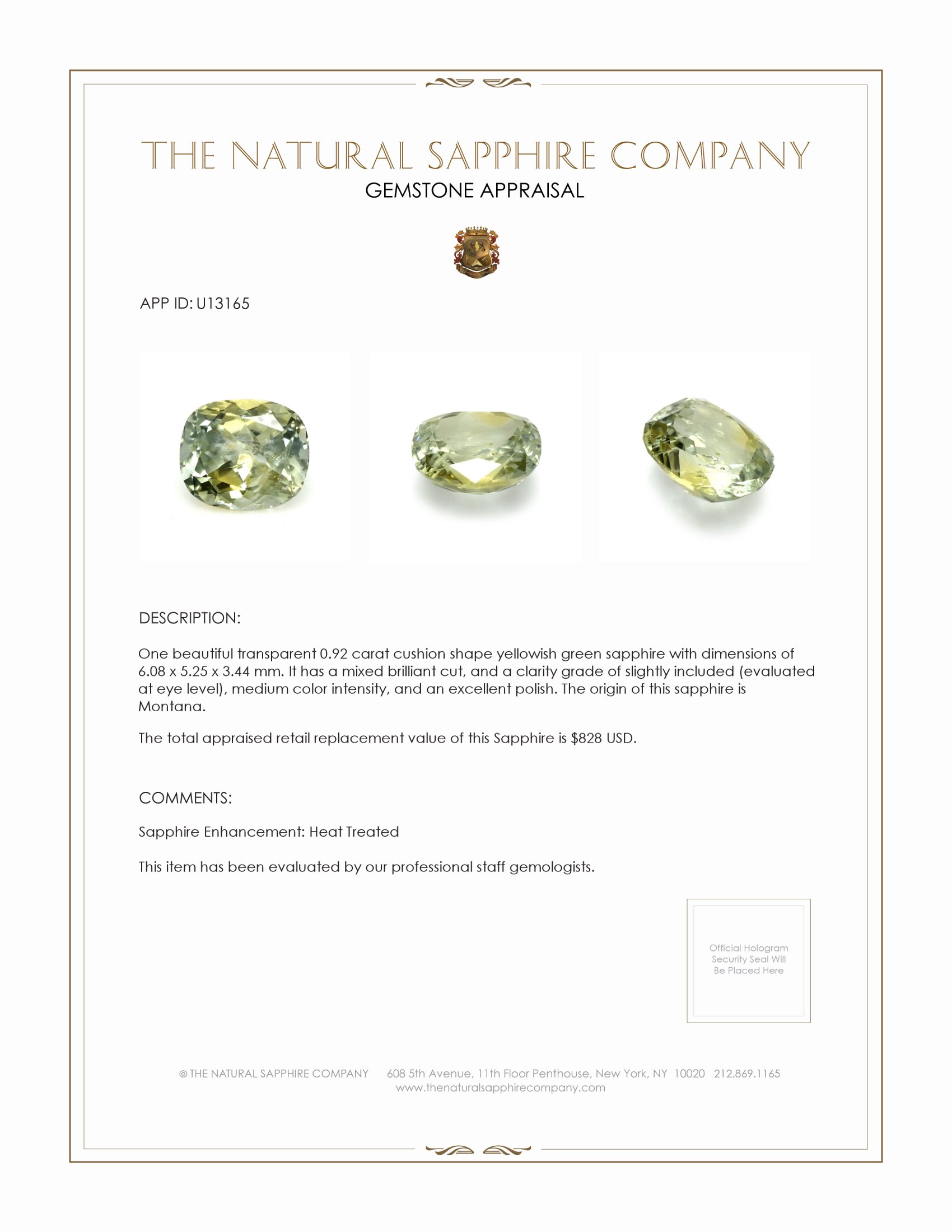 0.92 Ct. Yellowish Green Sapphire from Montana