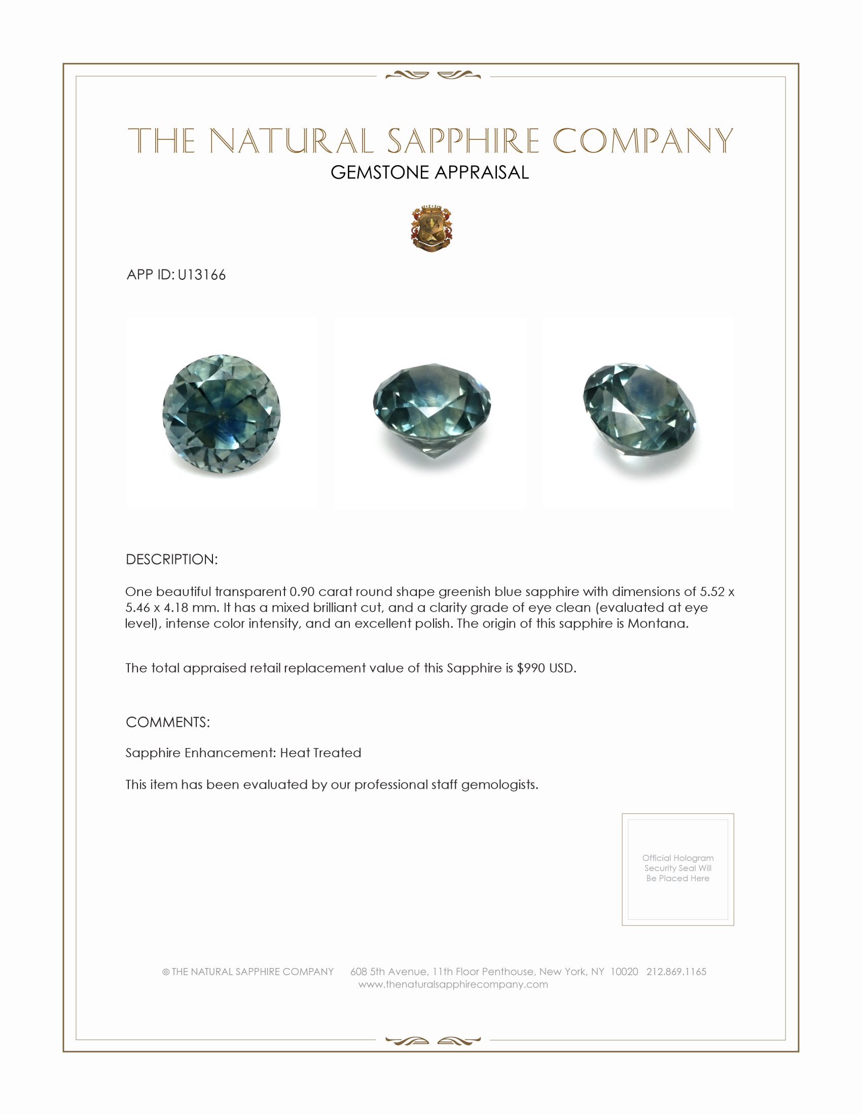 0.90 Ct. Greenish Blue Sapphire from Montana