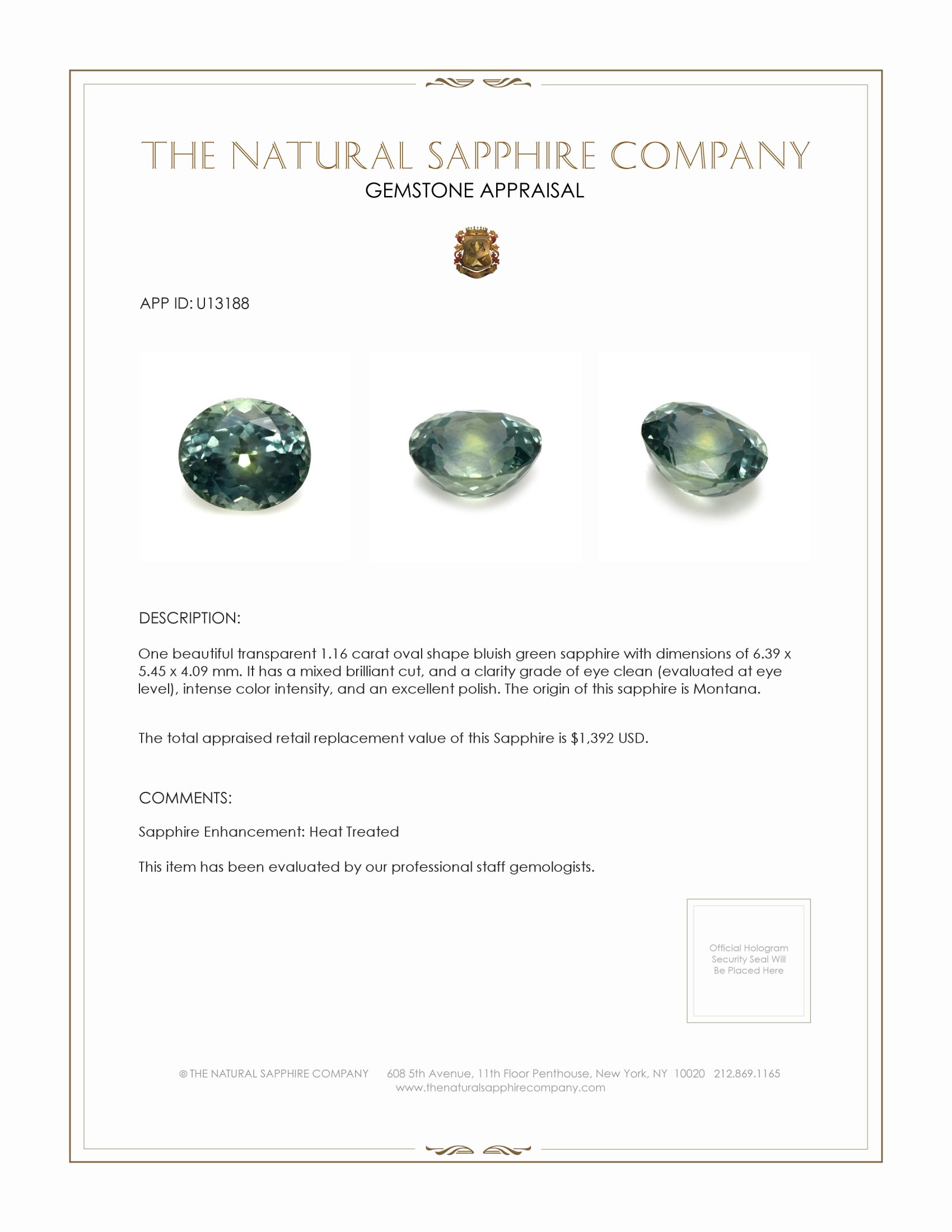 1.16 Ct. Bluish Green Sapphire from Montana