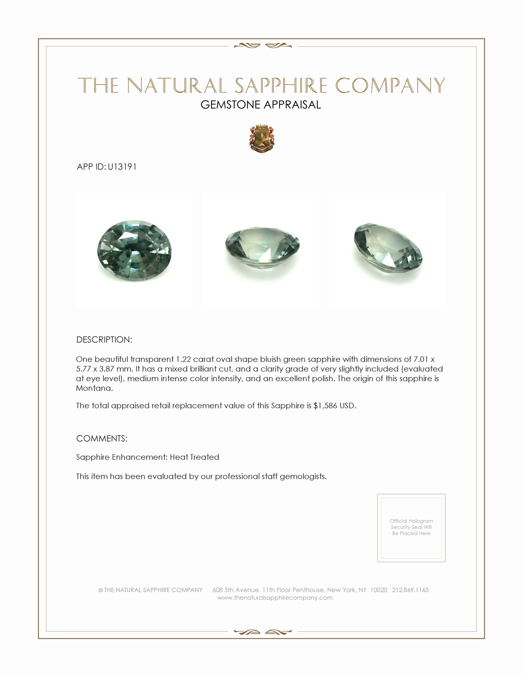 1.22 Ct. Bluish Green Sapphire from Montana
