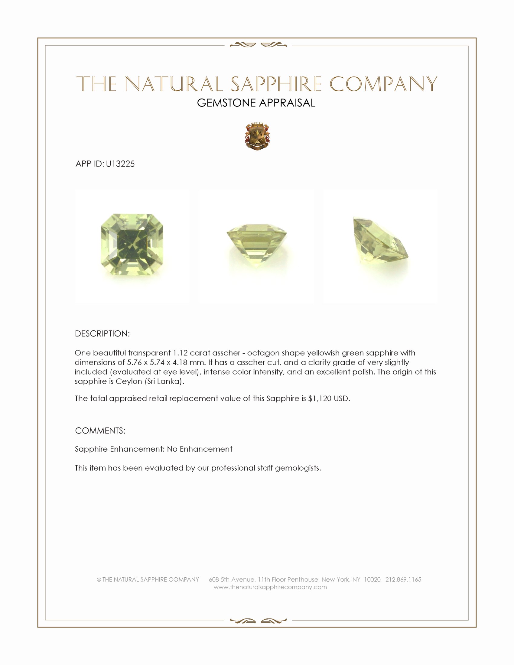 1.12 Ct. Yellowish Green Sapphire from Ceylon (Sri Lanka)