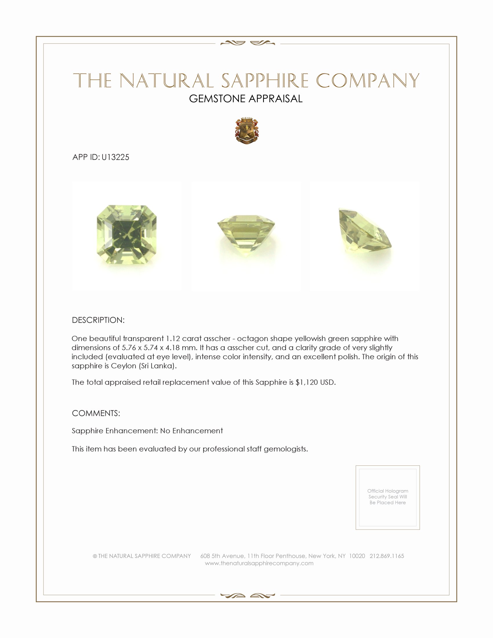 1.12 Ct. Yellowish Green Sapphire from Ceylon (Sri Lanka)